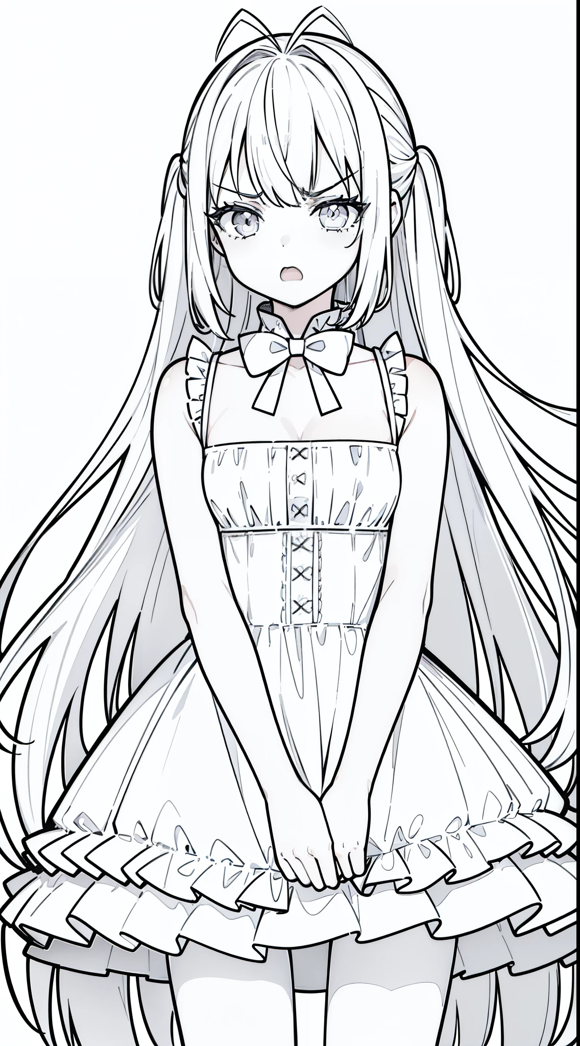 (1girl,10 years old),white hair,long hair,white pantyhoses,white dress mono color,frills, sleeveless, cleavage, bow tie, bare shoulders,(((hair 2antennas))),(white background,line drawing),(white eyes),((angry,open mouth)),cowboy shot