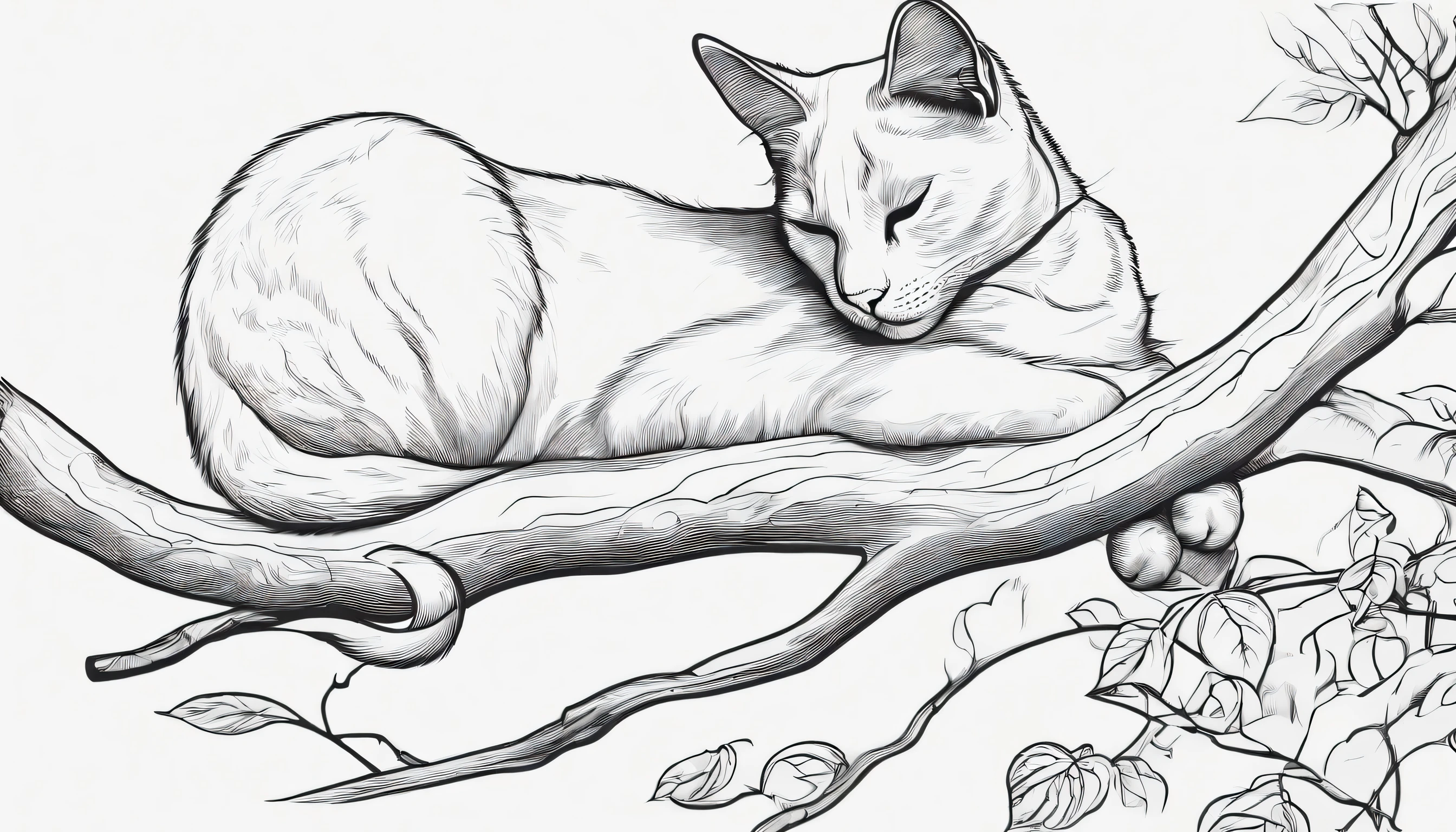high quality, line art, black and white, cute cat sleeping in a tree with the moon, cartoon style, detailed background