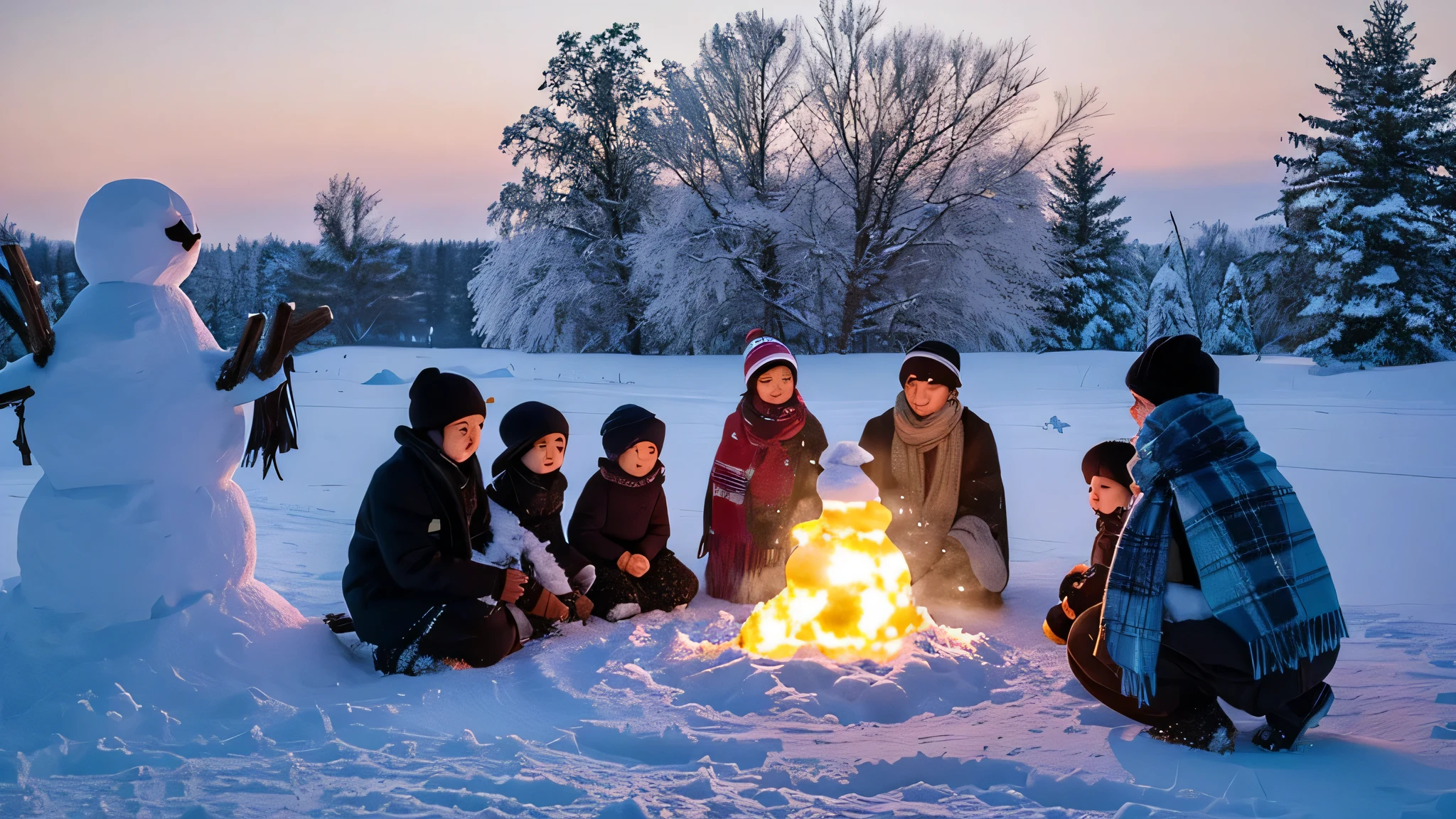 A group of children building a large snowman in a snowy field, with bright scarves and hats, and a setting sun in the background
