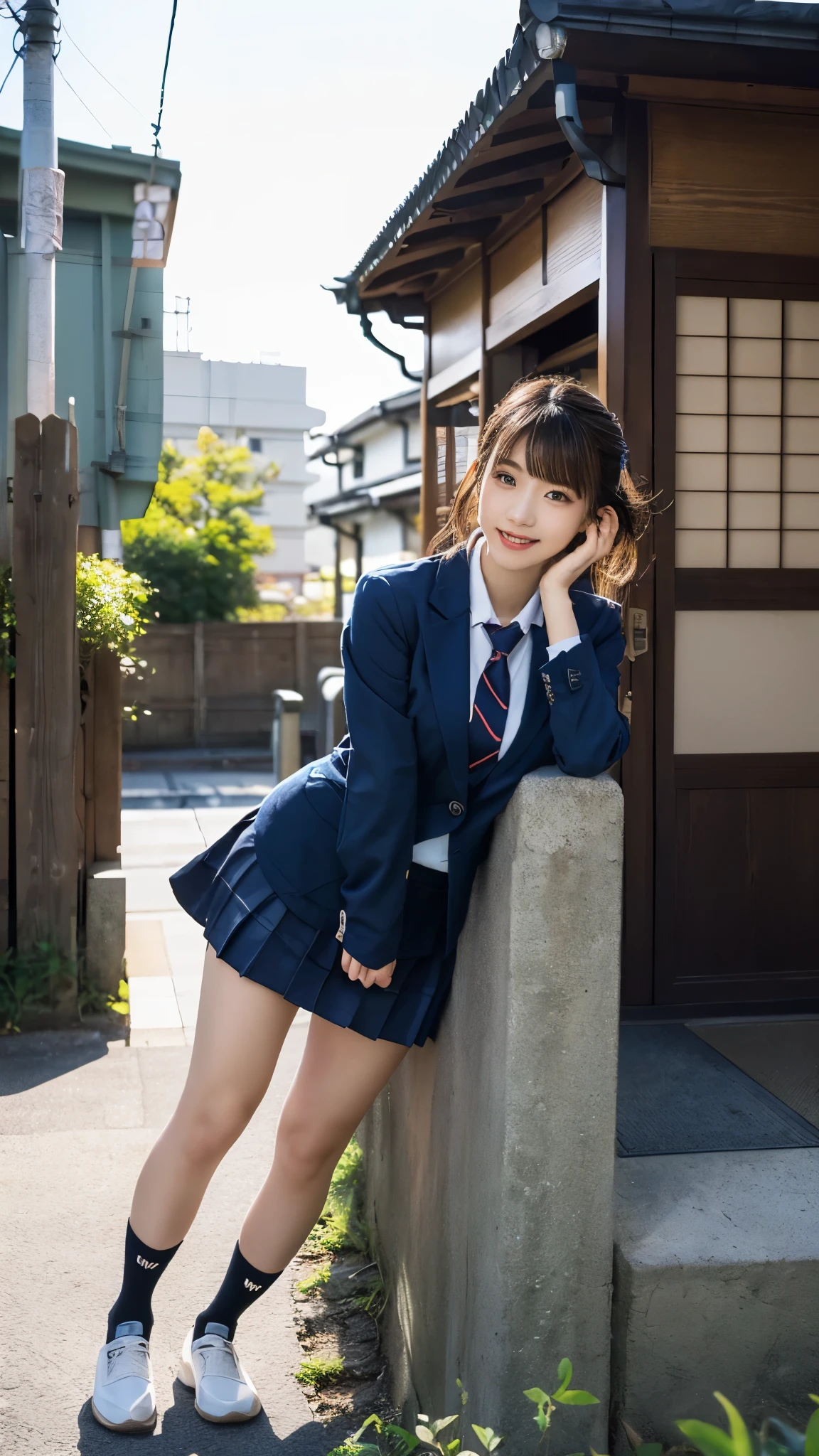 mix 4, (16k, RAW photo, best image quality, masterpiece: 1.45), (realistic, Photoreal: 1.37), one girl, cute, cityscape,, professional lighting, photon mapping, school classroom, Physically based rendering, dark brown hair,ponytail hairstyle, Beautiful well-groomed eyes、((double eyelid))、super cute girl, (((、blazer、Long-sleeved shirts worn by Japanese high school girls、ribbon tie、Navy blue super super mini skirt,、dark blue socks、black loafers))), highest quality photos, High resolution, 1080P, (clean face), (Detailed facial description), (Detailed explanation of hands), (masterpiece), (Detailed CG)、extreme light and shadow、messy hair、master work、Rich details、(detailed facial features)、(highest quality photos)、(Masseter muscle part)、(fine eyes)、look in front of you、thin clavicle、((slender and large))、(((Japanese high school girls wear long-sleeved shirts)))、((neat idol))、((school gate、schoolyard、School building in the background))、(Take photos from random viewpoints)、(((anyway that's cute)))、earrings、big smile、Draw the whole body from the knees、Don't draw thin lines、(((Sports bags used by Japan schoolgirls)))、(small breasts:1.2)、small buttocks with tension、Two arms and two legs、(((from the front:0.7)))、bare hands、(((symmetrical eyes)))、standing pose、put one's hand on the desk、Do not remove the tie from the jacket、Skirt length is quite short,
