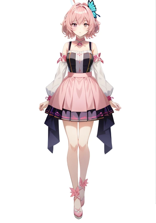 Anime girl wearing pink skirt，There is a butterfly on the head, Beautiful anime character design, Can be used all over the body, Inspired by Jinyan, anime full body illustration, clear Fashion Design, magical girl style, Full body and clothing, Anime vtuber full body model, Cute anime waifu wearing beautiful clothes, Fashion Design, whole body concept