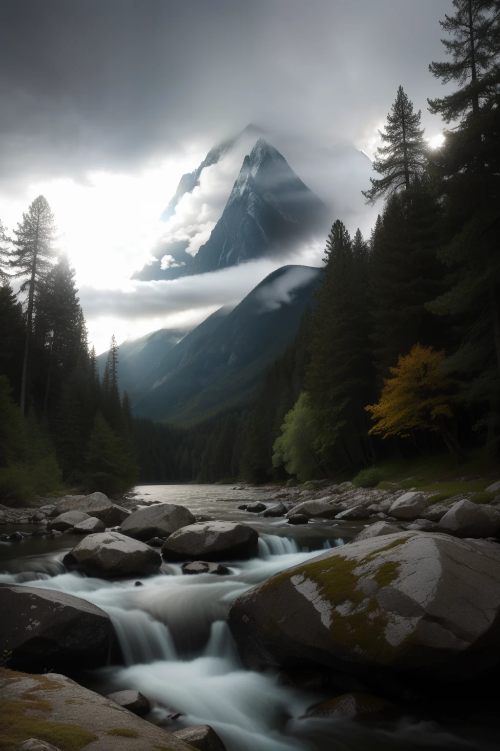 Cinematic ultra-realistic scene featuring a big river in the midst of the frame, captured with long exposure techniques to show the dynamic flow of the water. A large rock stands majestically at the front of the image, textured with intricate details, surrounded by tall trees on both sides, their leaves rustling in the breeze. A snowy mountain range can be seen in the distance, with peaks piercing the sky and their white caps gleaming in the sunlight. Dramatic clouds gather, dark and ominous, hinting at an impending storm. Sunrays pierce through the clouds and trees, creating a stunning play of light and shadow. This breathtaking image, filled with depth, details,