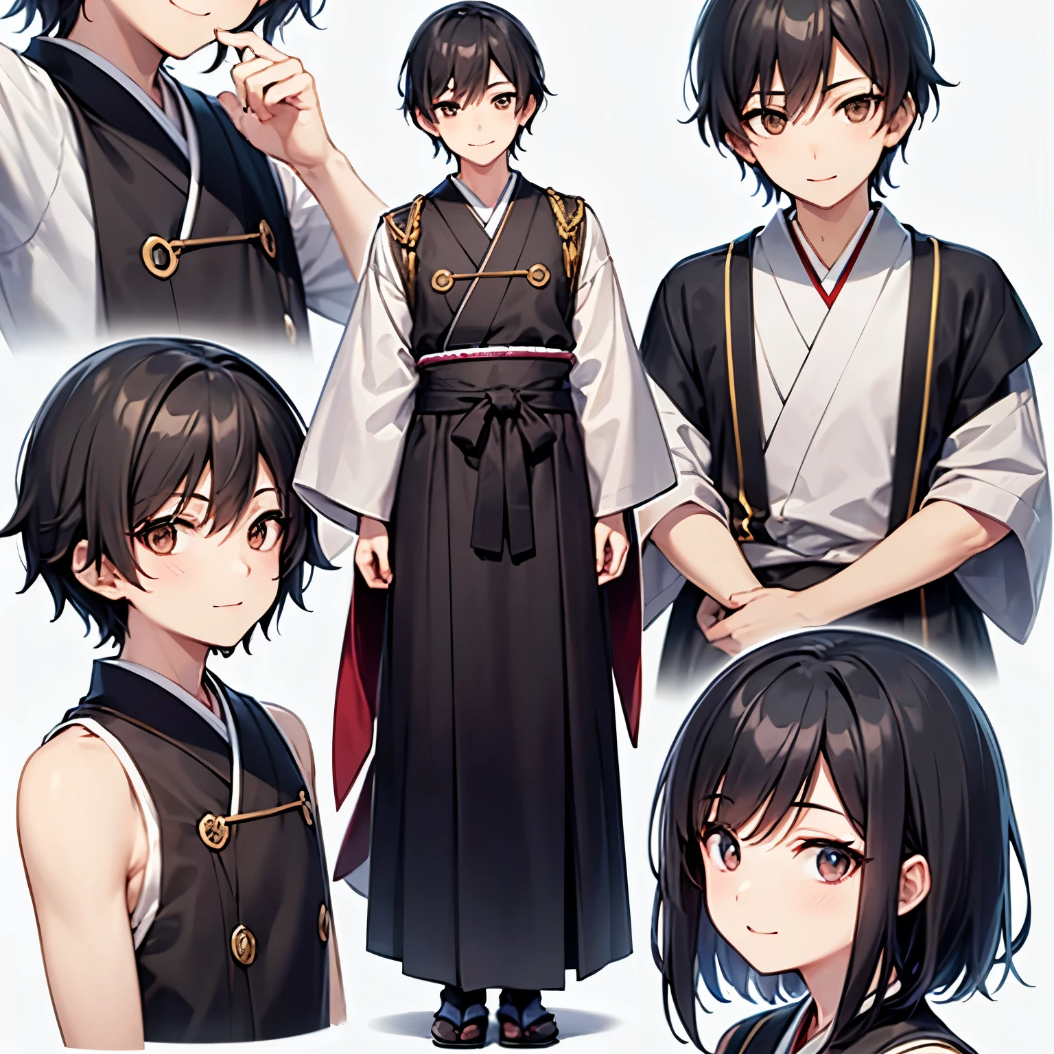boy、black hair、brown eyes、short hair、smooth hair、smile、Japanese priest costume、Boy's appearance、upright、Front perspective、high quality、high resolution、whole body