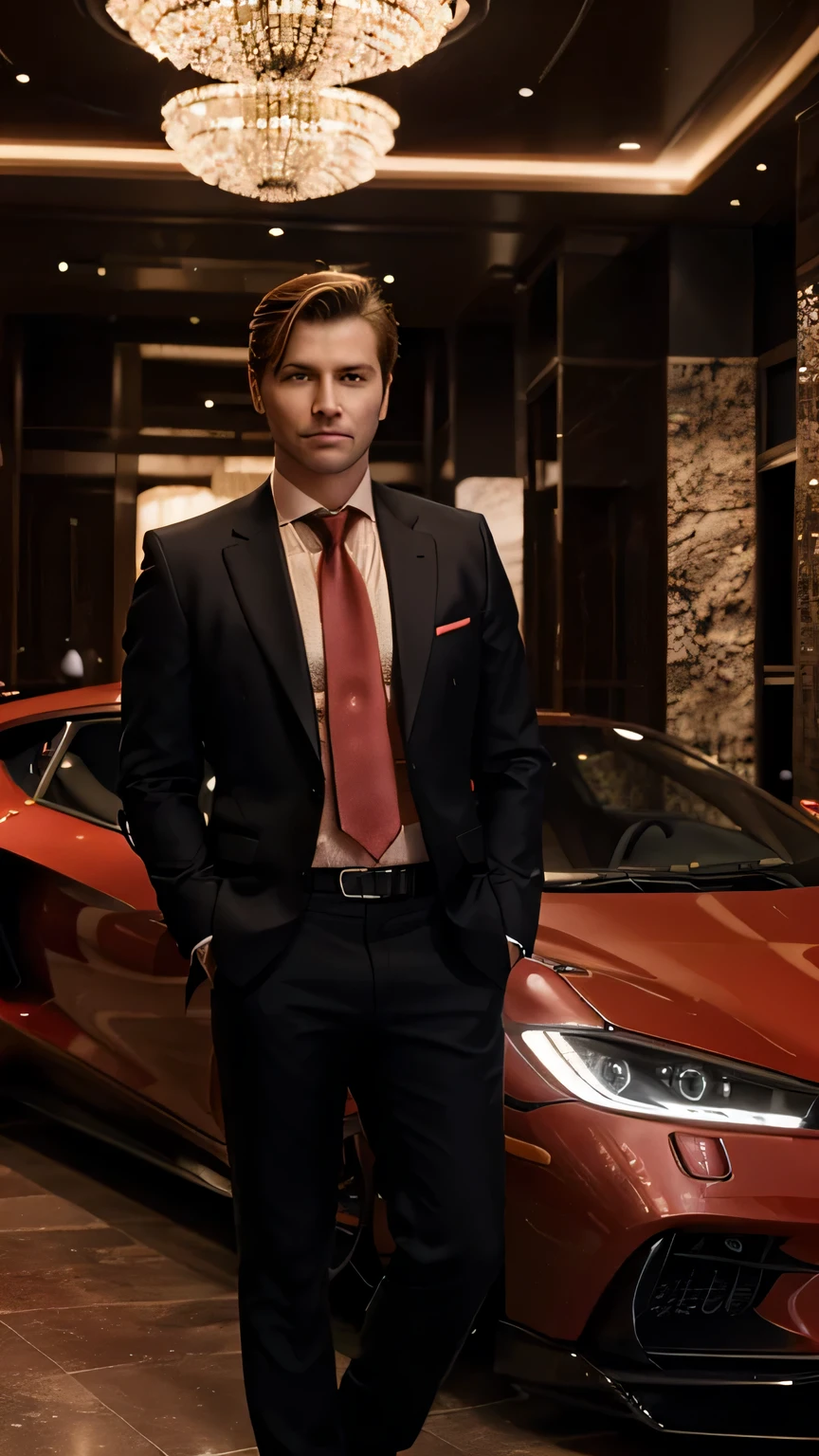 luxury,high-end feeling,A handsome rich man wearing casual clothes standing facing the camera with a red supercar behind him, tie and businessman hairstyle, successful person, illuminated by lights, gorgeous lobby background,film stock photograph,looking into camera
