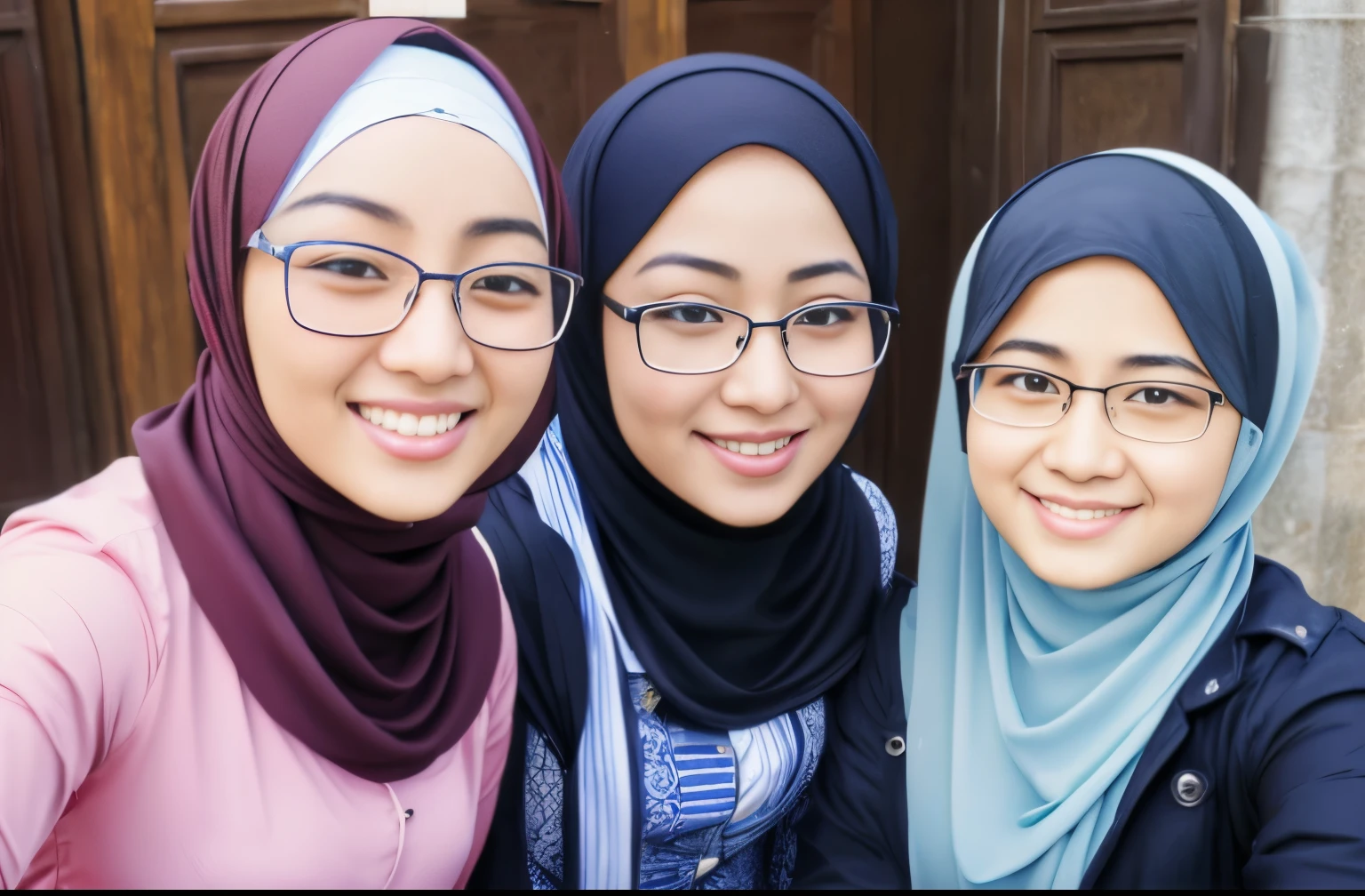 Masterpiece, hd, realistic, 3girls, hijab, potrait, selfie, glasses, smiling, happy, Asian face, Chinese face