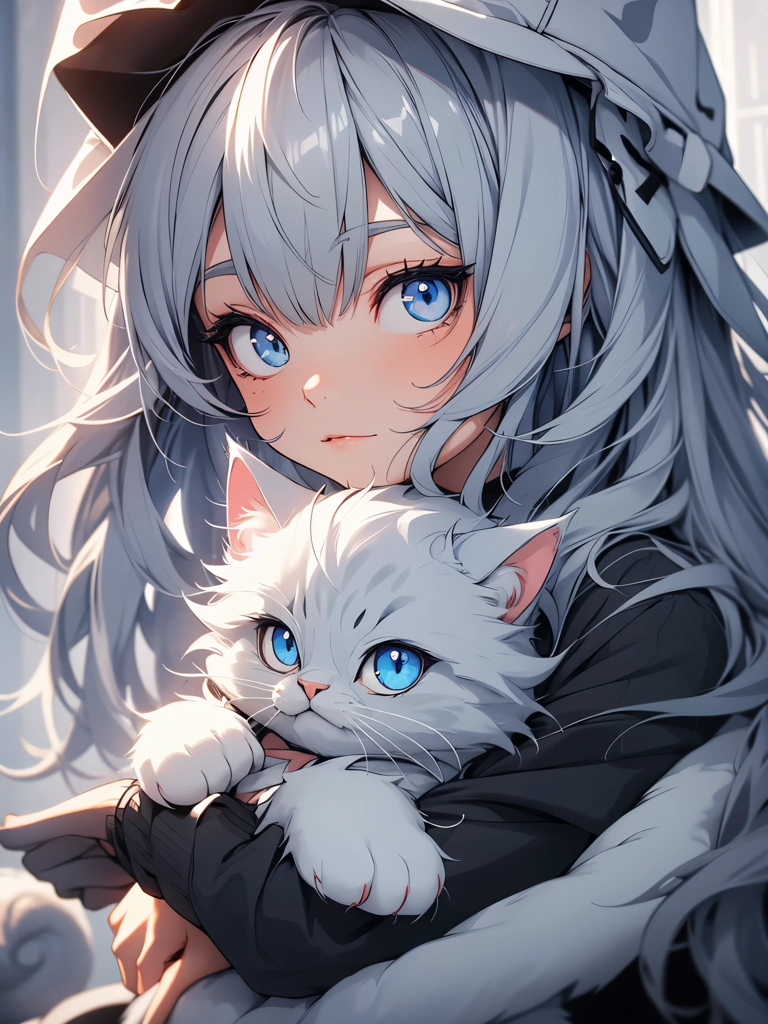 Gray cat head, fluffy and cute