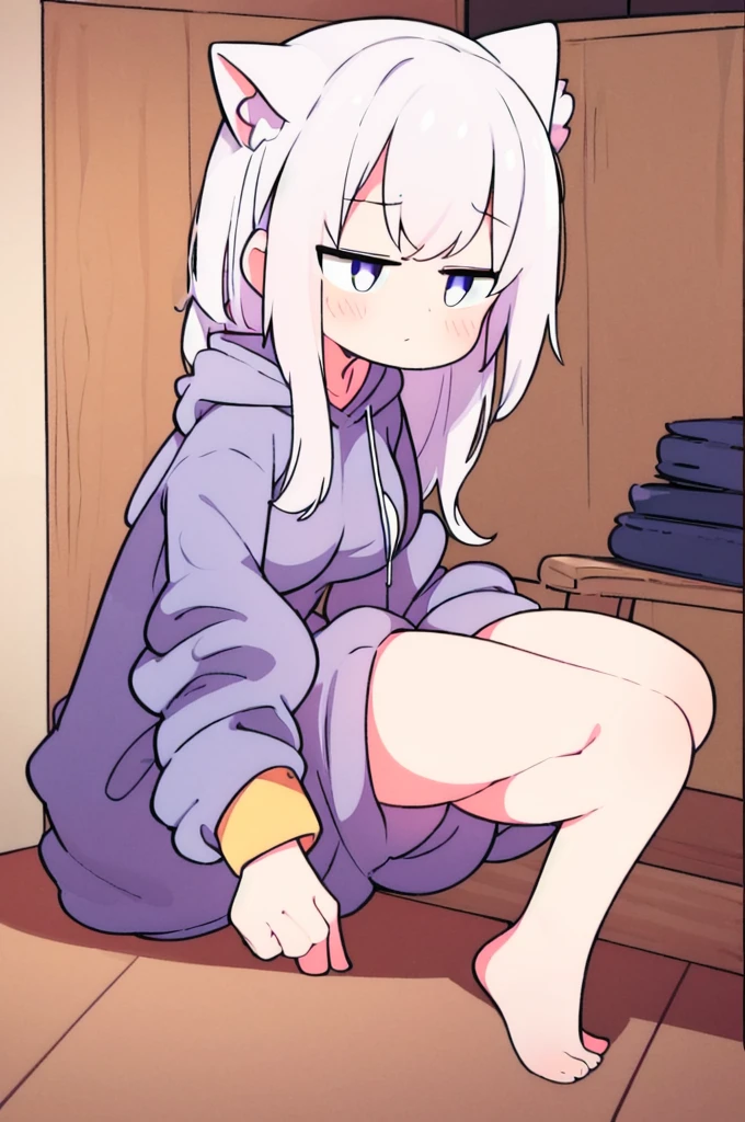 catgirl, white hair, medium breasts, oversized hoodie, cute face