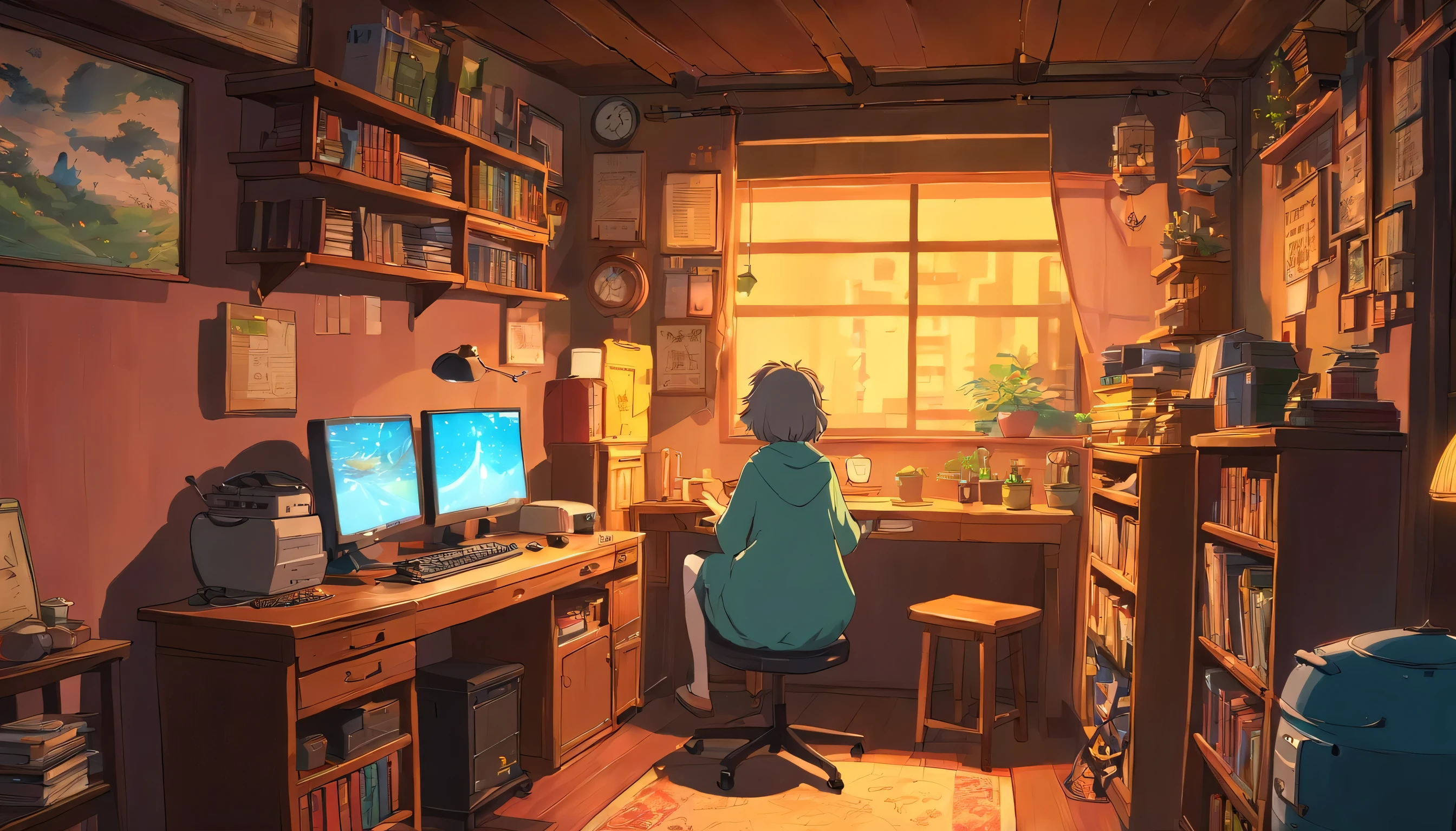 keyboard, computer, unmanned cozy room at night, Use headphones, 2D style anime, Lo-Fi Studying