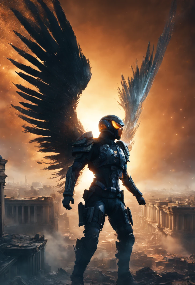 cyber angel, fit, Run-down city, Battlefield, ruins, Gunsmoke fills, Orange sky, Dust, radiance, starry, from below, wide shot, cinematic lighting, blurry, Ultra-Wide Angle, best quality, 8k