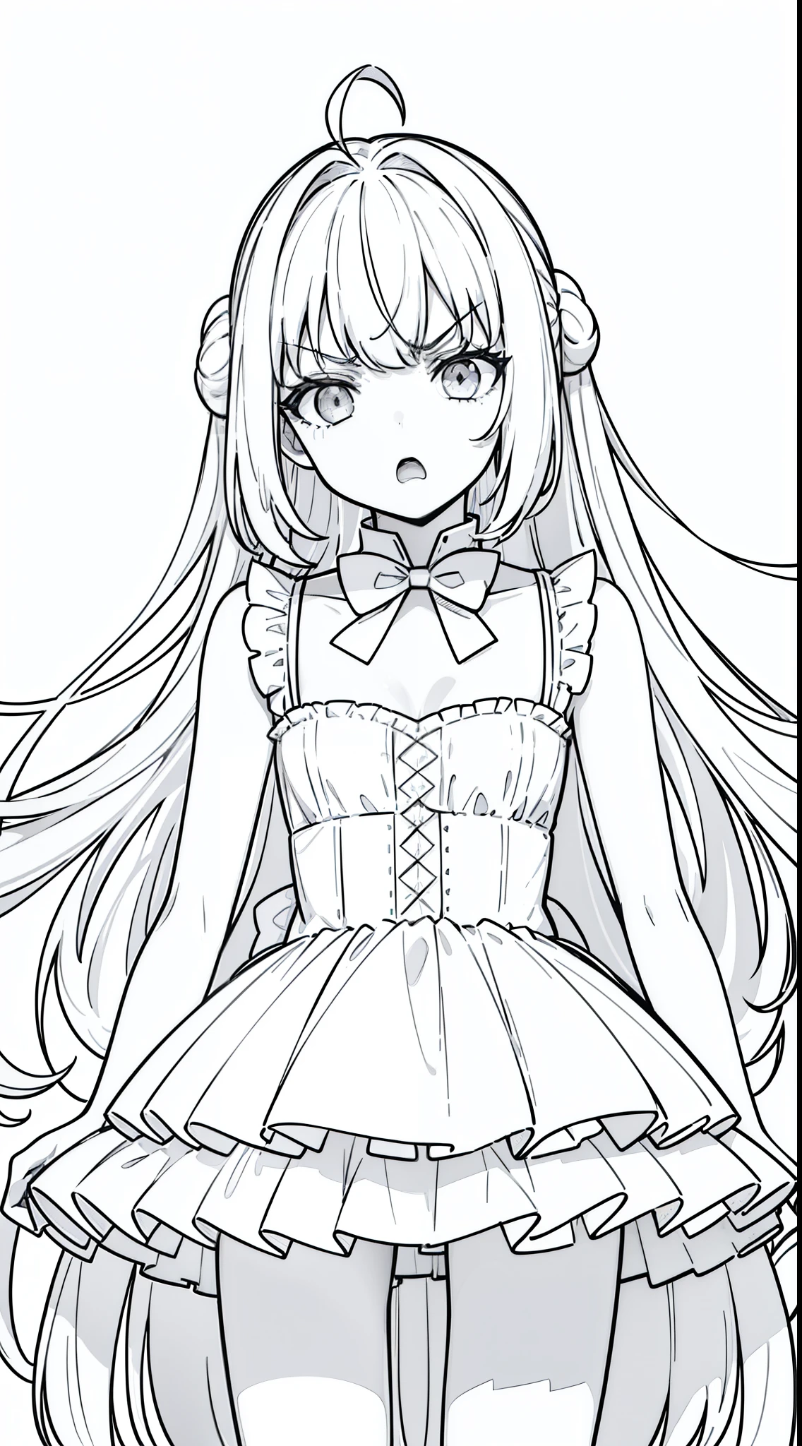 (1girl,),white hair,long hair,white pantyhoses,white dress mono color,frills, sleeveless, cleavage, bow tie, bare shoulders,(((hair 2antennas))),(white background,line drawing),(white eyes),((angry,open mouth)),cowboy shot