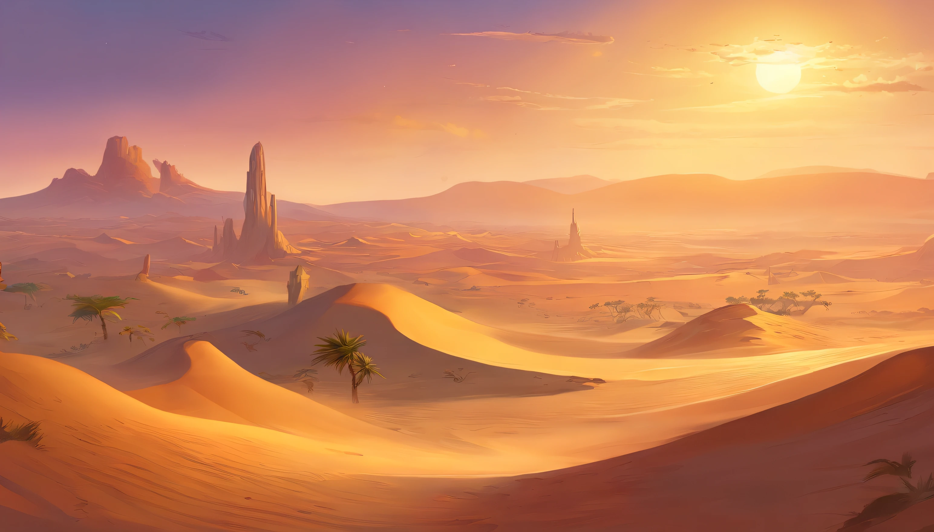 Yellow sand in the sky，The backdrop is a vast desert, Oasis in the desert，digital landscape art, detailed scenery - width 672, arte de paisagem, environment design illustration, Detailed scenery art, Oasis in the desert landscape, arte conceitual, Arte digital altamente detalhada em 4k, Pintura digital 4K, Pintura digital 4k, stunning digital illustration, fundo do deserto, arte conceitual de pintura digital, pintura digital detalhada