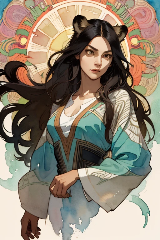 (Best Photo), (Watercolor), ((Matte)), (by Mucha), (Thick Contour), Fluid Lines, (High Resolution, Super Detail), demi-human tiger, 1 woman, 35 years old, sensual, Hair ,, Long shaggy hair, Beautiful yellow and black hair, Brown eyes, Parted bangs, Hair blowing in the wind, tiger ear, medium breasts, White skin, Front and upper body, Standing, silver warrior outfit, collarbone, pattern geometric, (earth), front, hand down, soft air, serious, earth magic, symmetry