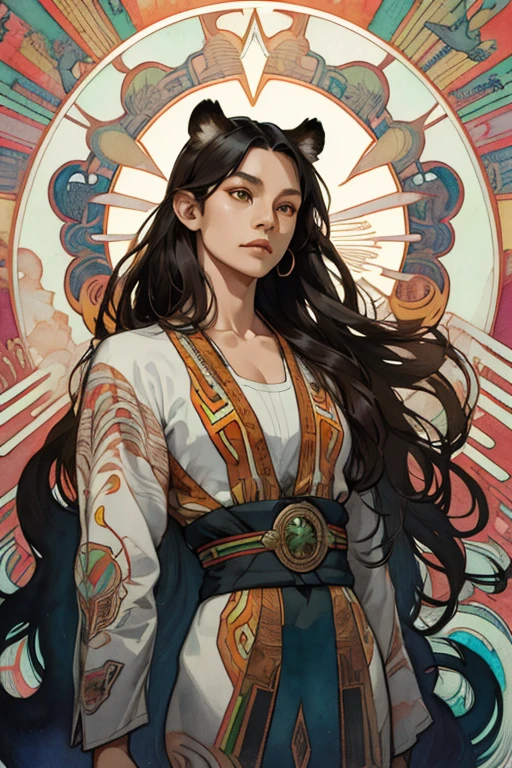 (Best Photo), (Watercolor), ((Matte)), (by Mucha), (Thick Contour), Fluid Lines, (High Resolution, Super Detail), demi-human tiger, 1 woman, 35 years old, sensual, Hair ,, Long shaggy hair, Beautiful yellow and black hair, Brown eyes, Parted bangs, Hair blowing in the wind, tiger ear, medium breasts, White skin, Front and upper body, Standing, silver warrior outfit, collarbone, pattern geometric, (earth), front, hand down, soft air, serious, earth magic, symmetry