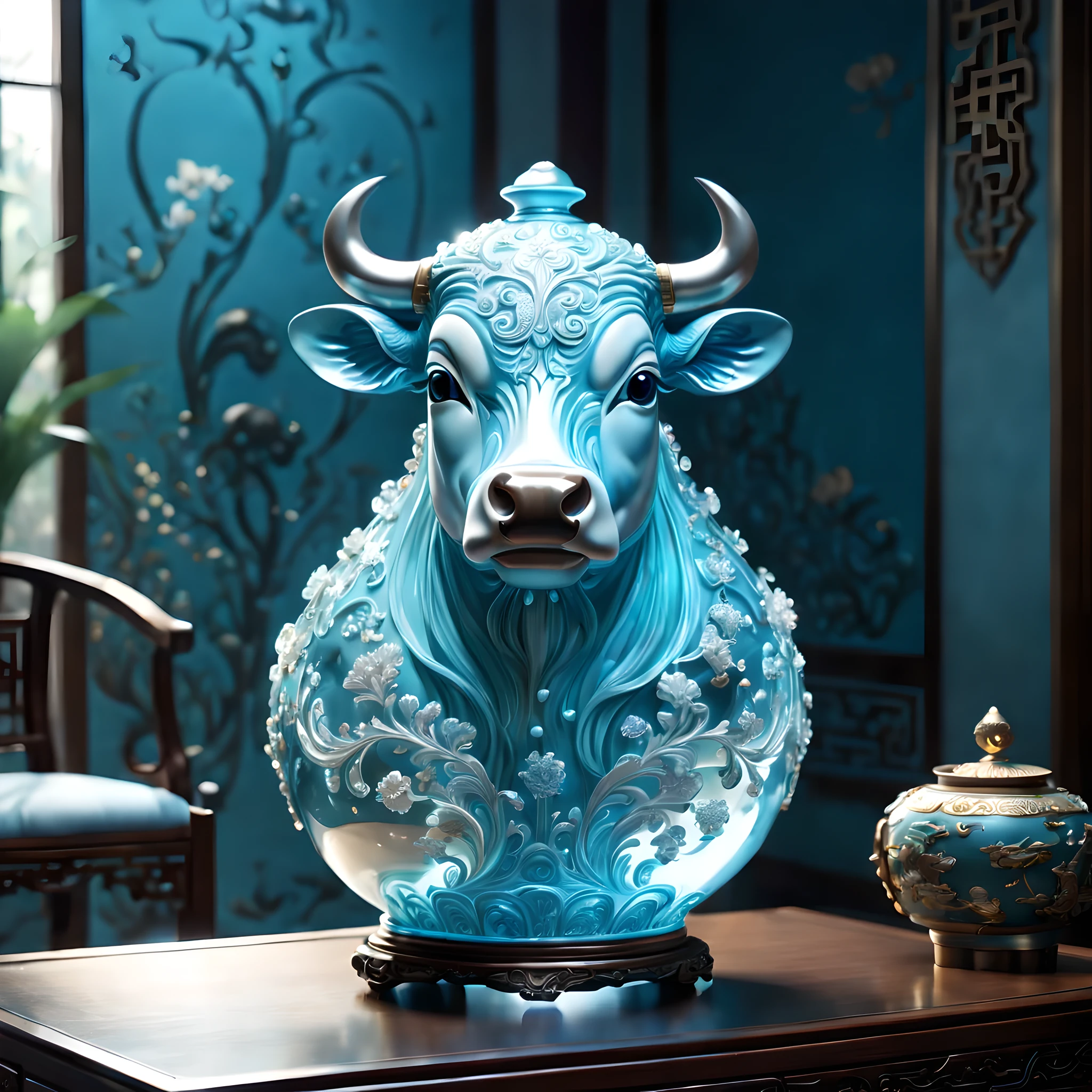 An oriental style vase is displayed in an empty room,There is a cow inside, RococoStyle, Crystal nuclei, Realistic light depiction, interesting and complex, light blue, hidden academia, World pattern,The body of the vase is illuminated by light, RococoStyle, futuristic elements, Crystal nuclei, Chinese iconography, swirl, light blue, giant money sculpture, Futuristic fantasy style, light blue, An intricate underwater world, Realistic light depiction, clear colors, Crystal nuclei, Light cyan and white, An intricate underwater world风格, Crystal nuclei, chinapunk, swirl, light blue, Glowing portrait, light box,(best quality,4K,8k,high resolution,masterpiece:1.2),super detailed,(actual,realistically,lifelike:1.37),extremely detailed glass vase,There is a cow on it,super detailedscp神器可以,Complex and gorgeous anime CGI style,Exquisite renderings of the Tang Dynasty,Better than Paul and James Ginn,complex artwork. Guilty car rendering,Complex 8K rendering,8k vray rendering,rendering art,filled with glass. Computer Graphics Association,High quality rendering