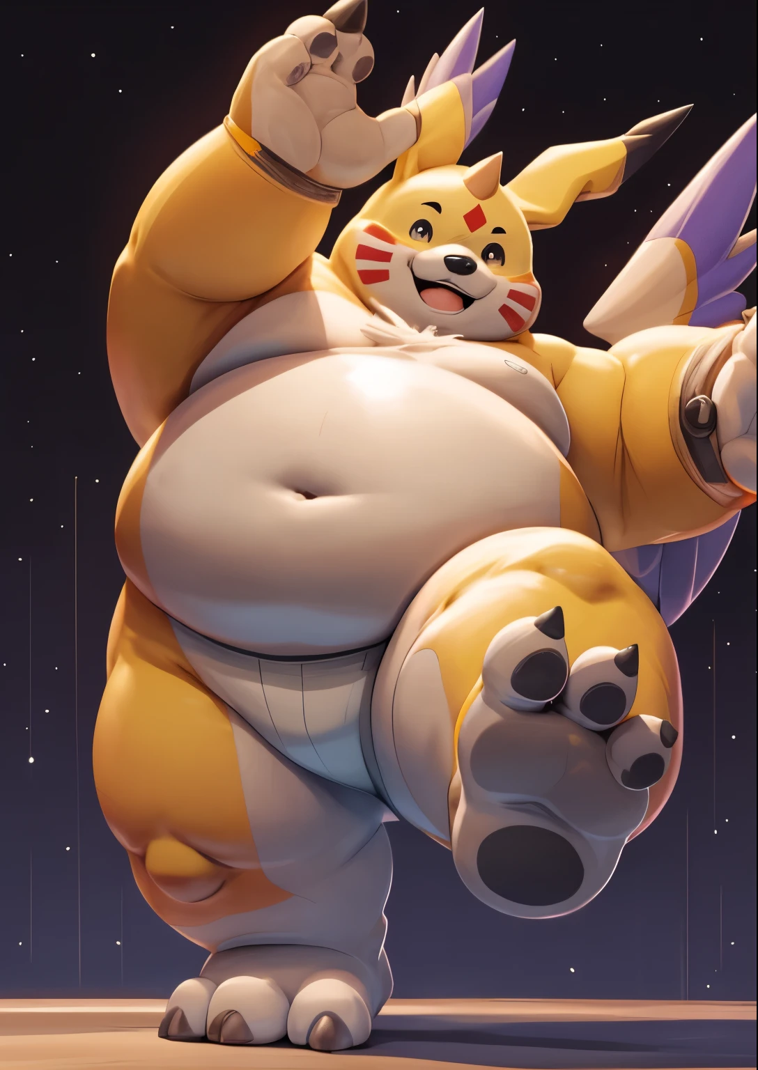 alone，male，chubby，small fat，shirtless，victory pose， alone， detailed， high resolution，， masterpiece，Excessive obesity，Obesity in the extremities，Lift your feet，foot in the air，correct body proportions，overweight，brief bump，Gagomon，Roadblock