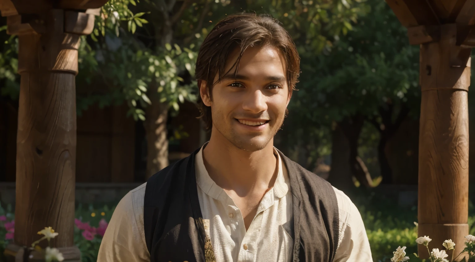 a male pastor Samuel in a biblical setting, with realistic and detailed facial features, expressive eyes, and a kind smile. The artwork should be created in the medium of an oil painting, capturing the essence of biblical times. The scene should be filled with vibrant colors, depicting a garden-like background with flowers and trees. The lighting should be warm and soft, with subtle rays of sunlight illuminating the scene. The artwork should be of the highest quality, with intricate details and a resolution of 4k or higher. The overall style should exude a sense of spirituality and tranquility, reflecting the serene nature of the biblical setting.