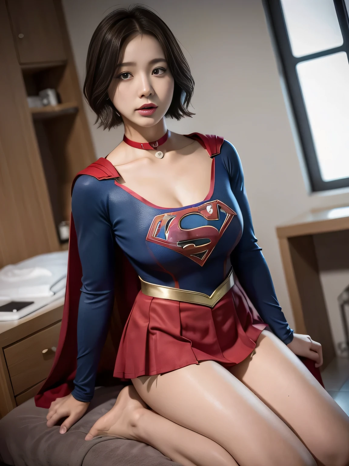 masterpiece、supergirl costume、short hair、barefoot、big and full breasts、operating room、operating table、straddle、Tattered、shiny、look at the camera、Seduce、choker、red mini skirt、long sleeve、Cowgirl、Estrus