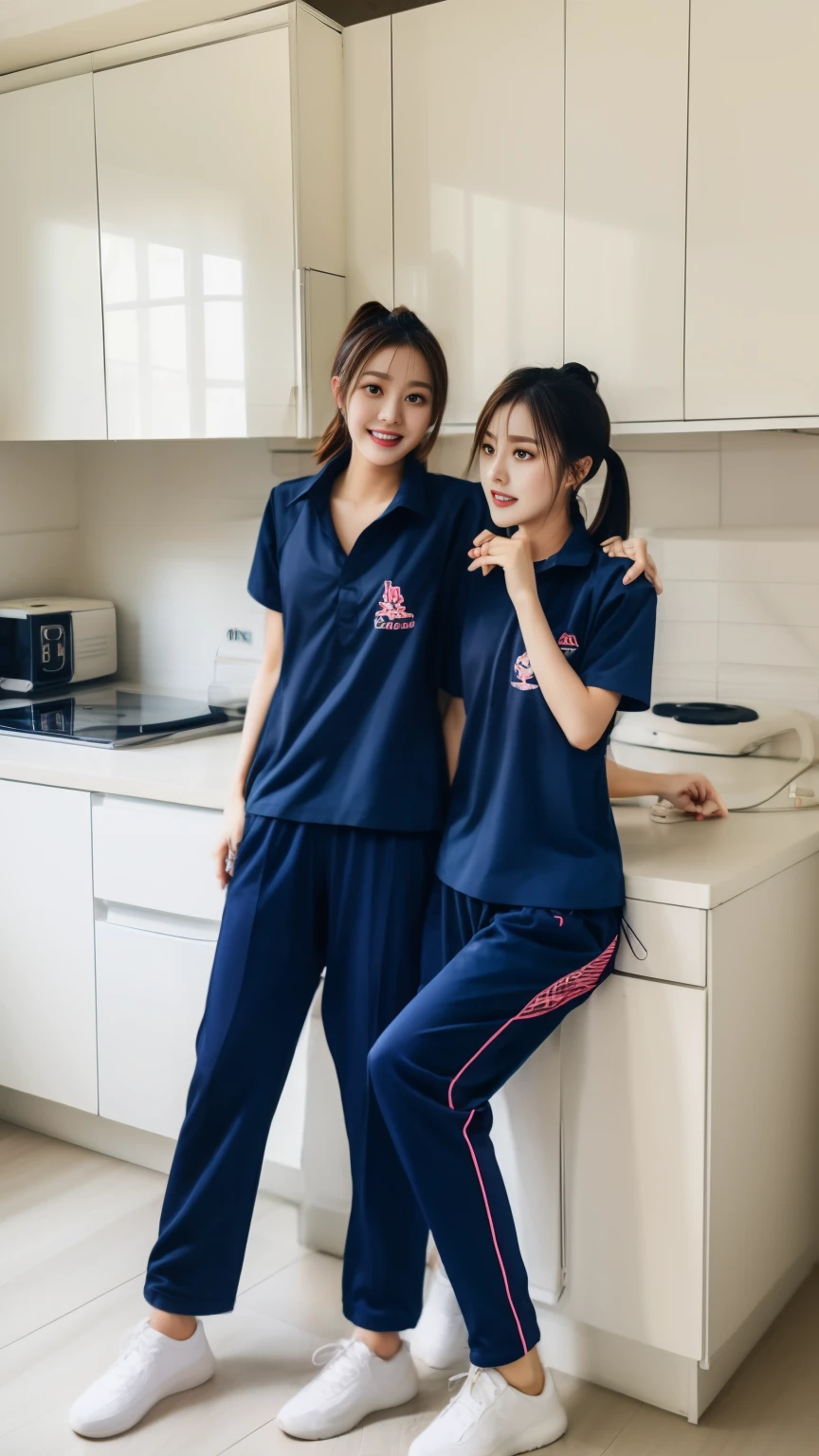 2 Girls in the Kitchen, Navy blue short-sleeved shirt,Navy Long Trackpant,Sweatpants, Sweatpantsขายาว,25 year old girl, lesbian, sexy, exercise clothes