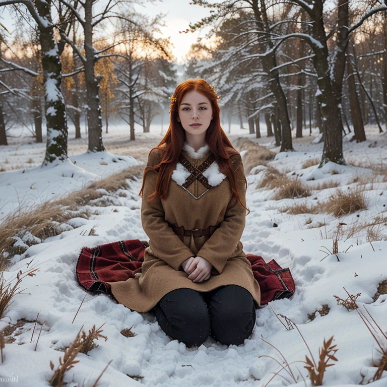 Beautiful firey red haired maiden, in a winter woodland, she embodies the goddess Brigid, brigid's cross, there are lambs and calves laying at her feet, snowdrop flowers grown through patches in the snow, winter wheat, a magical mist surrounds the scene.