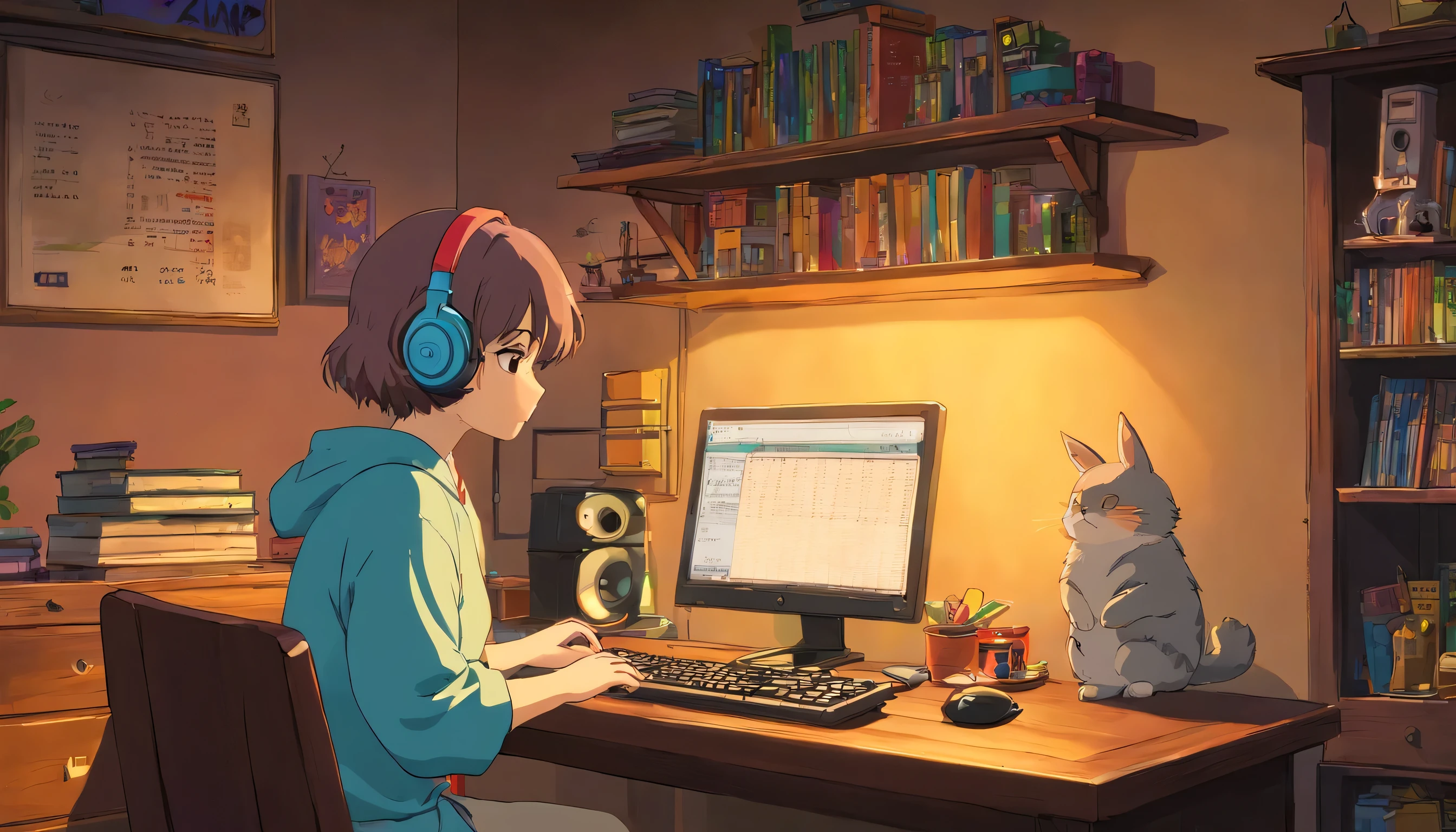 NO MAN, keyboard and computer on desk, cozy room at night, headphones on table, 2D style anime, Lo-Fi Study