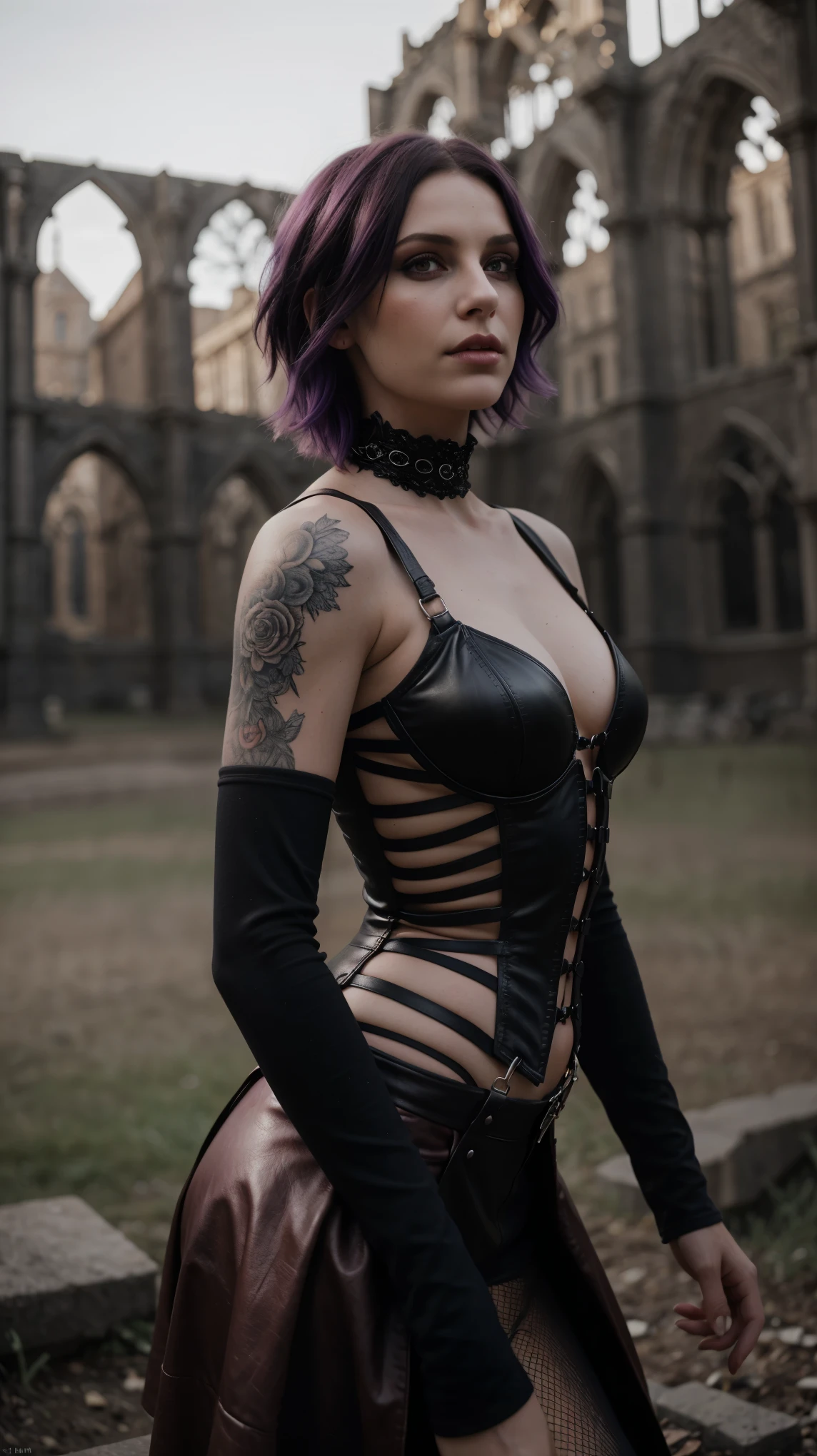 Malicious gothic girl, purple hair, short hair sides shaved:1.3, sensual pose, in red leather corset:1.2, (in the garden of a ruined gothic cathedral:1.2), tattooed, pierced, black makeup , photorealistic, photo, masterpiece, realistic, realism, photorealism, high contrast, photorealistic digital art trending on Artstation 8k HD high definition detailed realistic, detailed, skin texture, hyper detailed, realistic skin texture, best quality, ultra high res, (photorealistic:1.4), high resolution, detailed, raw photo, sharp re, by lee jeffries nikon d850 film stock photograph 4 kodak portra 400 camera f1.6 lens rich colors hyper realistic lifelike texture dramatic lighting unrealengine trending on artstation cinestill 800, face reference from old creation,