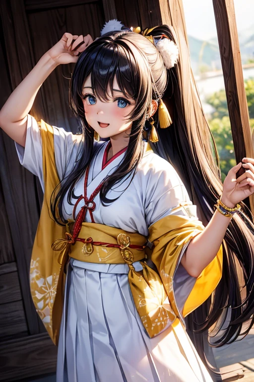 queen of the ainu、cute、Ainu pattern clothes、White and yellow clothes、Ainu pattern、Have a bow、Ainu art、Clean your eyes。