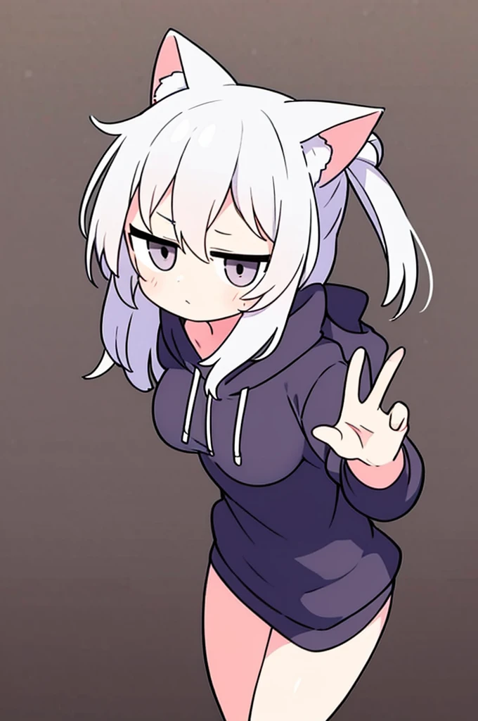 catgirl, white hair, medium breasts, oversized hoodie, cute face