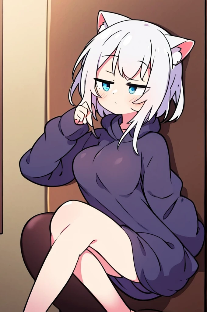 girl,hoodie,On the bed,Heterochromia Red Eyes Blue Eyes,Flat Chest,Cat ear,Feline tail,masturbation, dildo