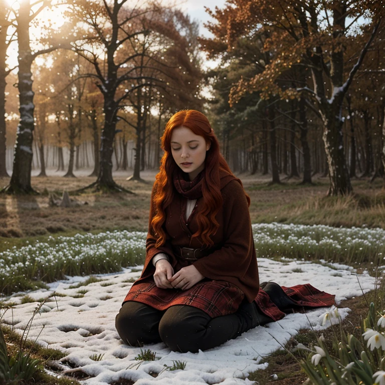 Beautiful firey red haired maiden, winter woodland, celtic goddess Brigid, brigid's cross, lambs andcalves are laying at her feet, snowdrop flowers, winter wheat, mist, magic