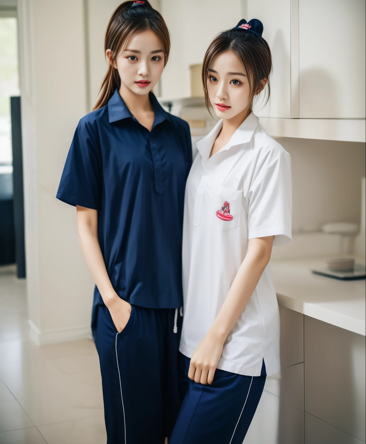 2 Girls in the Kitchen, Navy blue short-sleeved shirt,Navy Long Trackpant,Sweatpants, Sweatpantsขายาว,25 year old girl, lesbian, sexy, exercise clothes