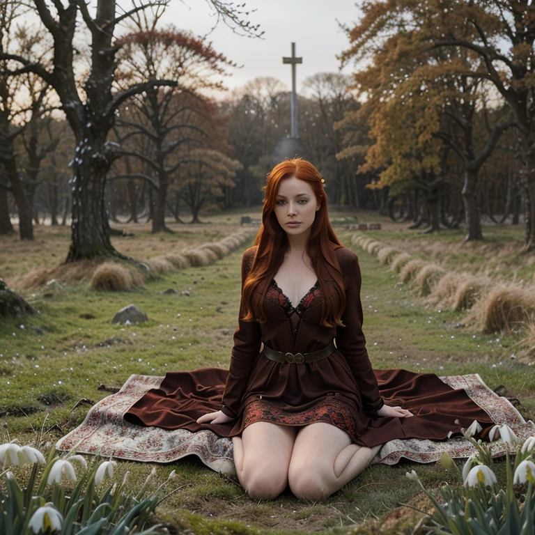 Beautiful firey red haired maiden, winter woodland, goddess Brigid, brigid's cross, lambs andcalves are laying at her feet, snowdrop flowers, winter wheat, mist, magic