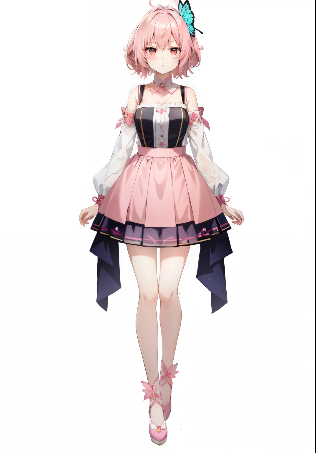 Anime girl wearing pink skirt,There is a butterfly on the head, Beautiful anime character design, Can be used all over the body, Inspired by Jinyan, anime full body illustration, clear Fashion Design, magical girl style, Full body and clothing, Anime vtuber full body model, Cute anime waifu wearing beautiful clothes, Fashion Design, whole body concept