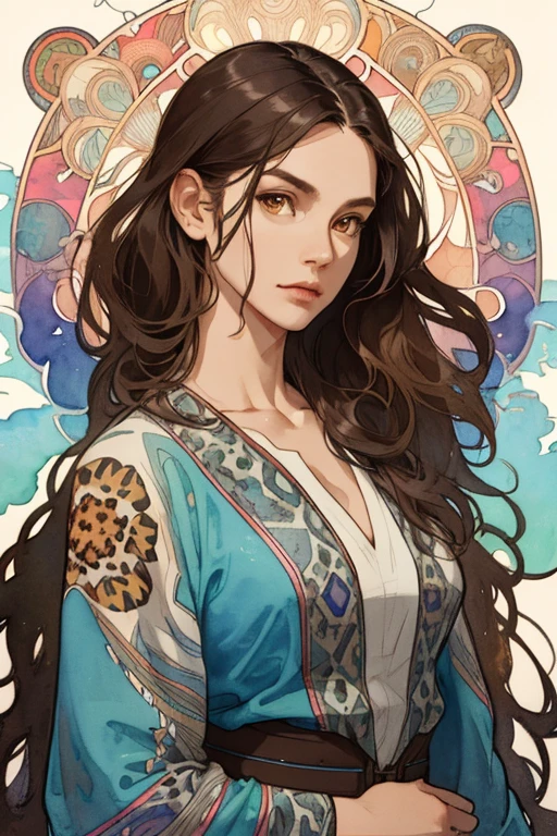 (Best Photo), (Watercolor), ((Matte)), (by Mucha), (Thick Contour), Flowing Lines, (High Resolution, Super Detail), demi-human leopard, 1 woman, 35 years old, sensual, Hair ,, Long shaggy hair, Beautiful brown hair, Brown eyes, Parted bangs, Hair blowing in the wind, leopard ear, medium breasts, White skin, Front and upper body, Standing, silver warrior outfit, collarbone, geometric pattern, (earth), forward, hand down, soft air, serious, earth magic, symmetry