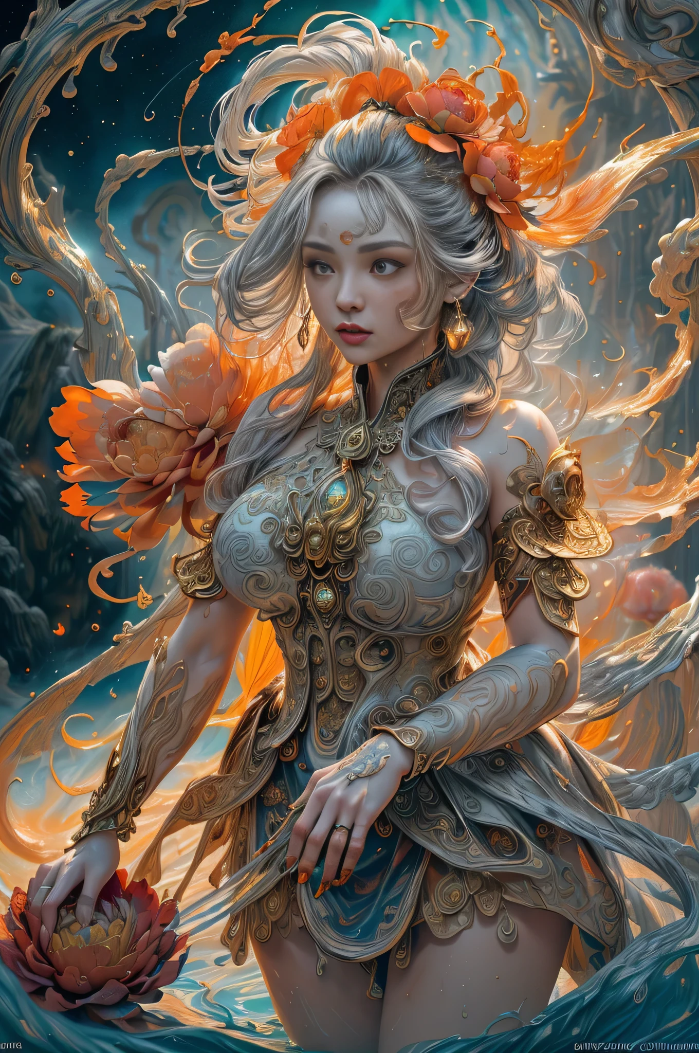 (((Create one girl 16+), (smoke, fire), (fantastic scene), (dramatic, lighting)))_(((Small miniature, full height), (thin graceful body, full height - standing) , (modern weapons), (beautiful figure)_(16+ years)))_(((Very beautiful girl, small peach breasts, graceful figure, narrow waist, smooth hips)), ((long double braids), ( tight braids), (braided hair), (dark hair, black hair)))_((Scarlet lips)), ((smile)))_(((Shiny skin:1.5, white skin)))_((sexy ), (erotic), (cute, kawaii)))_(((Bare shoulders, black lace dress)), ((black chiffon dress, very short dress))_(((tight-fitting), (sheer lace dress )), ((stands almost completely with a small amount of clothing)), ((tiny thongs)), (arms in elbow pads, palms wearing tactical gloves), (legs in combat knee pads, thigh-high stockings)), ((massive leather lace-up boots)), ((looks at the viewer)))_(((Dark background, realistic painting, digital painting, high quality))_((Background, fantastic ship lock, (films; Lucas Arts, R.S. Giger "Alien", Giger's monsters)), (stunning scene in a spaceship)), ((decorative dark background)), ((stunning white alien lilies), (extremely unusual)), ((spaceship, skulls)) , ((white lilies - large stems)))_(((Bright colors, cool soft shadows), (warm contrasting light, bright theme)), ((high contrast, photorealistic graphics: 1.37)),((digital painting, oil painting, wide wet stroke)), ((painting-professional execution)))_ (((Cinematic, digital painting), (soft clear forms, wide stroke, attention to detail), (clear elegant line, color fill)) )_(((High quality, 16K | Ultra HD | Full HD, cinematic rendering))).