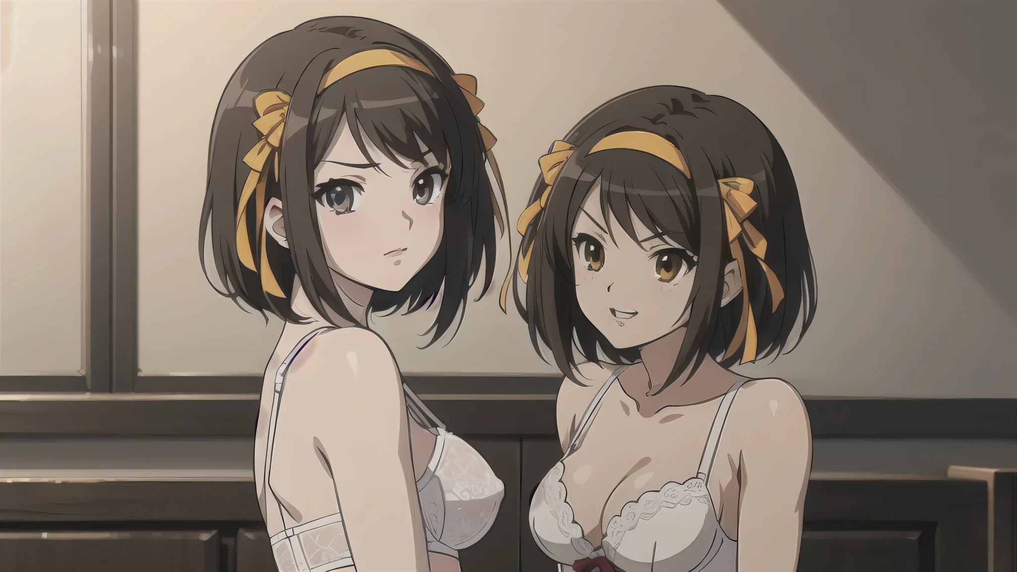 (A superb exquisite haruhi suzumiya), (haruhi suzumiya:1.5), (kyoani haruhi style Uniform:1.5), brown eyes, brown hair, natural straight hair, hairband, ribbon, straight bangs, solo, nature, extremely delicate, straight facial features, peerless beautiful girl, soft, (sensual face), ((ecchi face)), dreamy quality, exaggerated facial features, solid color, frank holly, delicate face, bright lips, slender waist, soft curves, real light and shadow, super fine, 4k, natural moving, Ultra high resolution, (masterpiece:1.2, best quality), (finely detailed beautiful eyes: 1.2), (beautiful detailed face), sexy semi-nude model, sexy pose, Ultra high definition white bra and panties, erect nipples,Medium chest, slender body, (bedroom),