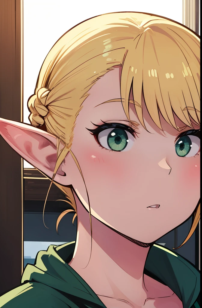 erufuda, short hair, pointy ears, elf, blonde hair, (green eyes:1.5), braid,