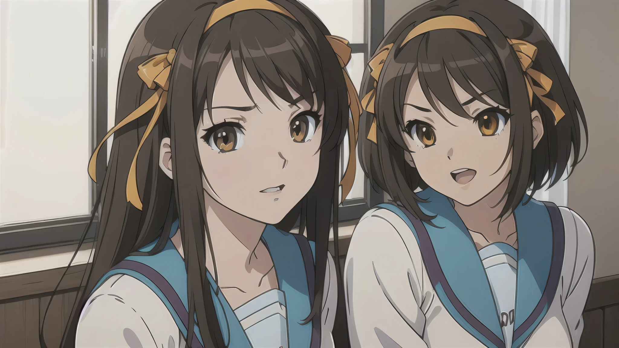 (A superb exquisite haruhi suzumiya), (haruhi suzumiya:1.5), (kyoani haruhi style Uniform:1.5), brown eyes, brown hair, natural straight hair, hairband, ribbon, straight bangs, solo, nature, extremely delicate, straight facial features, peerless beautiful girl, soft, (sensual face), ((ecchi face)), dreamy quality, exaggerated facial features, solid color, frank holly, delicate face, bright lips, slender waist, soft curves, real light and shadow, super fine, 4k, natural moving, Ultra high resolution, (masterpiece:1.2, best quality), (finely detailed beautiful eyes: 1.2), (beautiful detailed face), sexy semi-nude model, sexy pose, Ultra high definition white bra and panties, erect nipples,Medium chest, slender body, (bedroom),