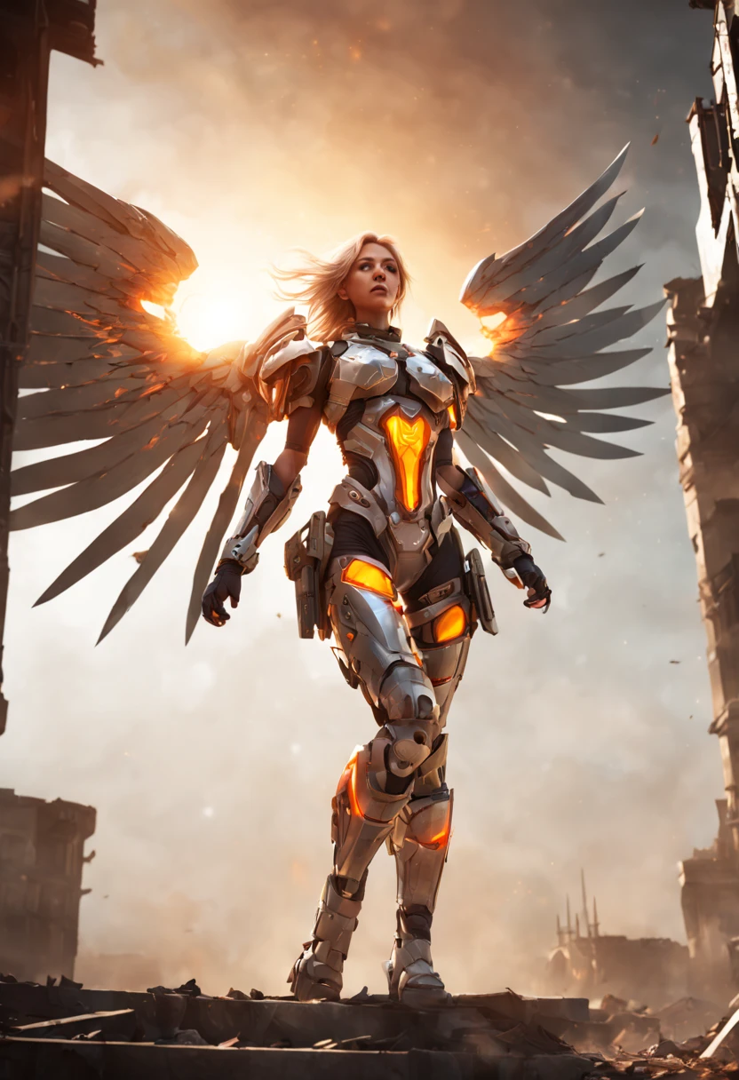 cyborg female angel, metallic gear, fit, Run-down city, Battlefield, ruins, Gunsmoke fills, Orange sky, Dust, radiance, starry, from below, wide shot, cinematic lighting, blurry, Ultra-Wide Angle, best quality, 8k