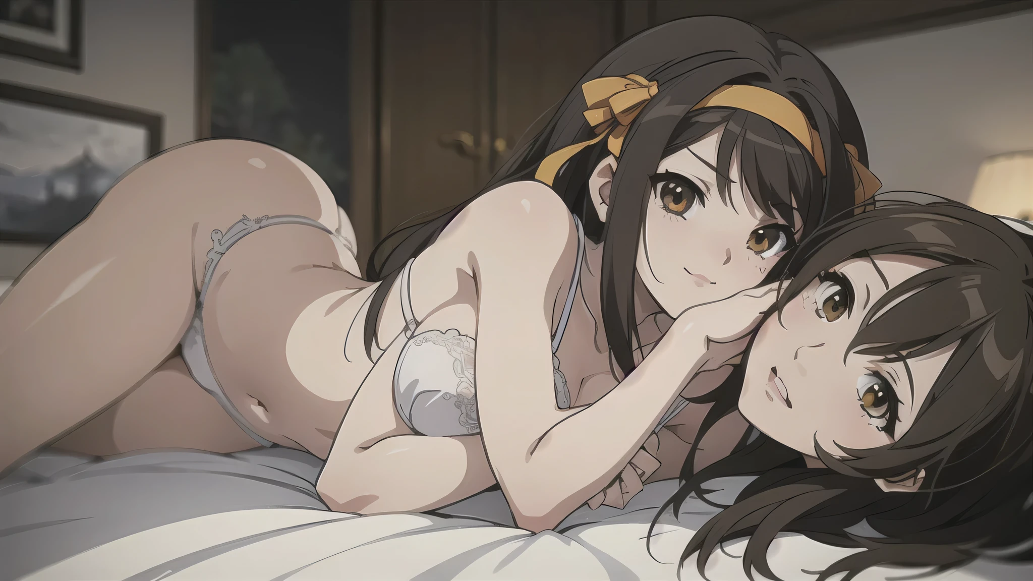 (A superb exquisite haruhi suzumiya), (haruhi suzumiya:1.5), (kyoani haruhi style Uniform:1.5), brown eyes, brown hair, natural straight hair, hairband, ribbon, straight bangs, solo, nature, extremely delicate, straight facial features, peerless beautiful girl, soft, (sensual face), ((????? face)), dreamy quality, exaggerated facial features, solid color, frank holly, delicate face, bright lips, slender waist, soft curves, real light and shadow, super fine, 4k, natural moving, Ultra high resolution, (masterpiece:1.2, best quality), (finely detailed beautiful eyes: 1.2), (beautiful detailed face), ???? semi-???? model, ???? pose, Ultra high definition white bra and panties, ????? ???????,Medium ?????, slender body, (bedroom), 