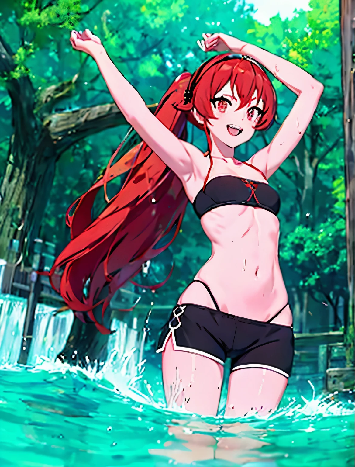 eris, 1girl, solo, long_hair, breasts, looking_at_viewer, smile, open_mouth, bangs, red_eyes, navel, hair_between_eyes, bare_shoulders, twintails, medium_breasts, very_long_hair, standing, collarbone, ahoge, :d, sidelocks, thighs, red_hair, hairband, small_breasts, outdoors, shorts, teeth, day, midriff, armpits, water, stomach, black_footwear, arm_up, tree, crop_top, groin, bare_arms, strapless, thigh_strap, upper_teeth_only, black_shorts, standing_on_one_leg, black_hairband, nature, wading, forest, water_drop, bandeau, tube_top, splashing, waterfall
