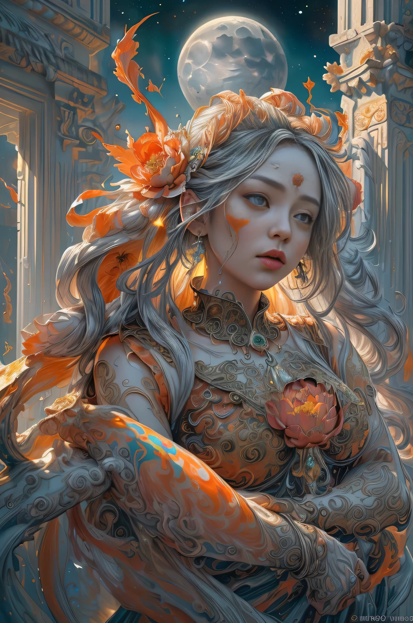 (8k, RAW Photo, Best Quality, Masterpiece: 1), (Photoreal: 1.2), Sharp Focus, Jupiter, Splash Art, (Close-up Liquid Luminous Moon Lady Made of Color), Beautiful Face, Detailed and Perfect face, ((silver, red, orange, light yellow, gray golden, liquid fire peony flower, filigree, filigree details, swirling flame, galaxy, color drop, color wave, moonlight, colorful paint splash style, highly detailed and intricate, unreal engine, fantastic, intricate details, splash screen, complementary colors, fantasy, concept art, 8k resolution, masterpiece, oil painting, heavy strokes, paint dripping, splash art, fantasy art , concept art, Perfect composition centered, complex pose, intricate design,)),
