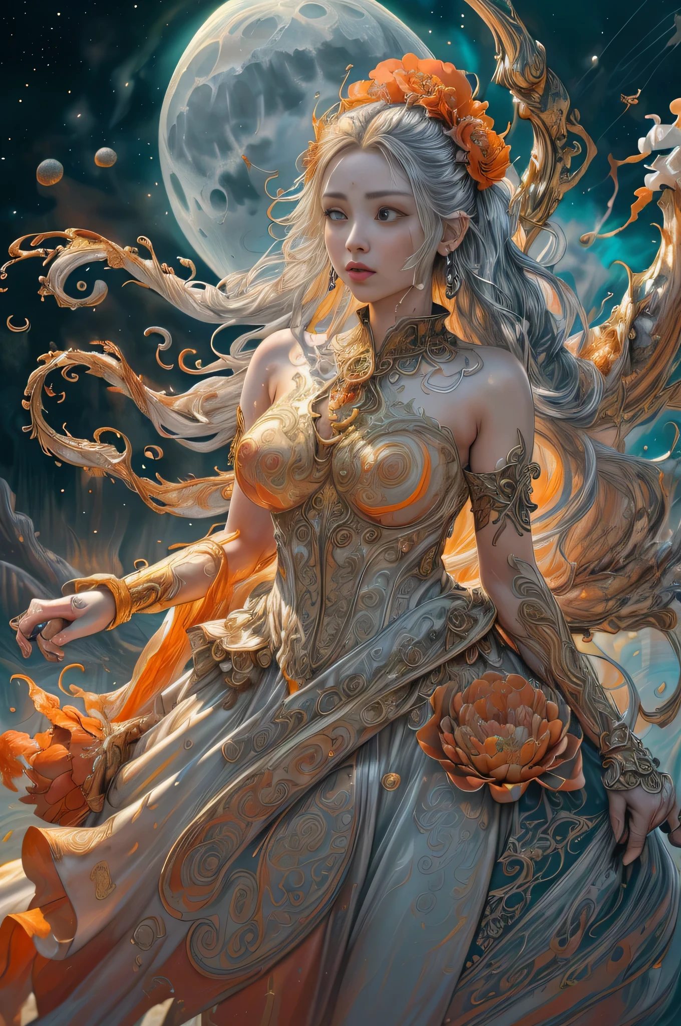 (8k, RAW Photo, Best Quality, Masterpiece: 1), (Photoreal: 1.2), Sharp Focus, Jupiter, Splash Art, (Close-up Liquid Luminous Moon Lady Made of Color), Beautiful Face, Detailed and Perfect face, ((silver, red, orange, light yellow, gray golden, liquid fire peony flower, filigree, filigree details, swirling flame, galaxy, color drop, color wave, moonlight, colorful paint splash style, highly detailed and intricate, unreal engine, fantastic, intricate details, splash screen, complementary colors, fantasy, concept art, 8k resolution, masterpiece, oil painting, heavy strokes, paint dripping, splash art, fantasy art , concept art, Perfect composition centered, complex pose, intricate design,)),