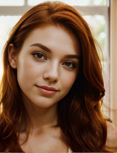 Generate an image of a beautiful, red-haired woman with expressive brown eyes, a delicate, upturned nose, softly outlined lips, well-defined eyebrows and red hair falling in soft waves over her shoulders.  Highlight the radiant and friendly facial expression, providing a unique and captivating look."