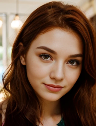 Generate an image of a beautiful, red-haired woman with expressive brown eyes, a delicate, upturned nose, softly outlined lips, well-defined eyebrows and red hair falling in soft waves over her shoulders.  Highlight the radiant and friendly facial expression, providing a unique and captivating look."