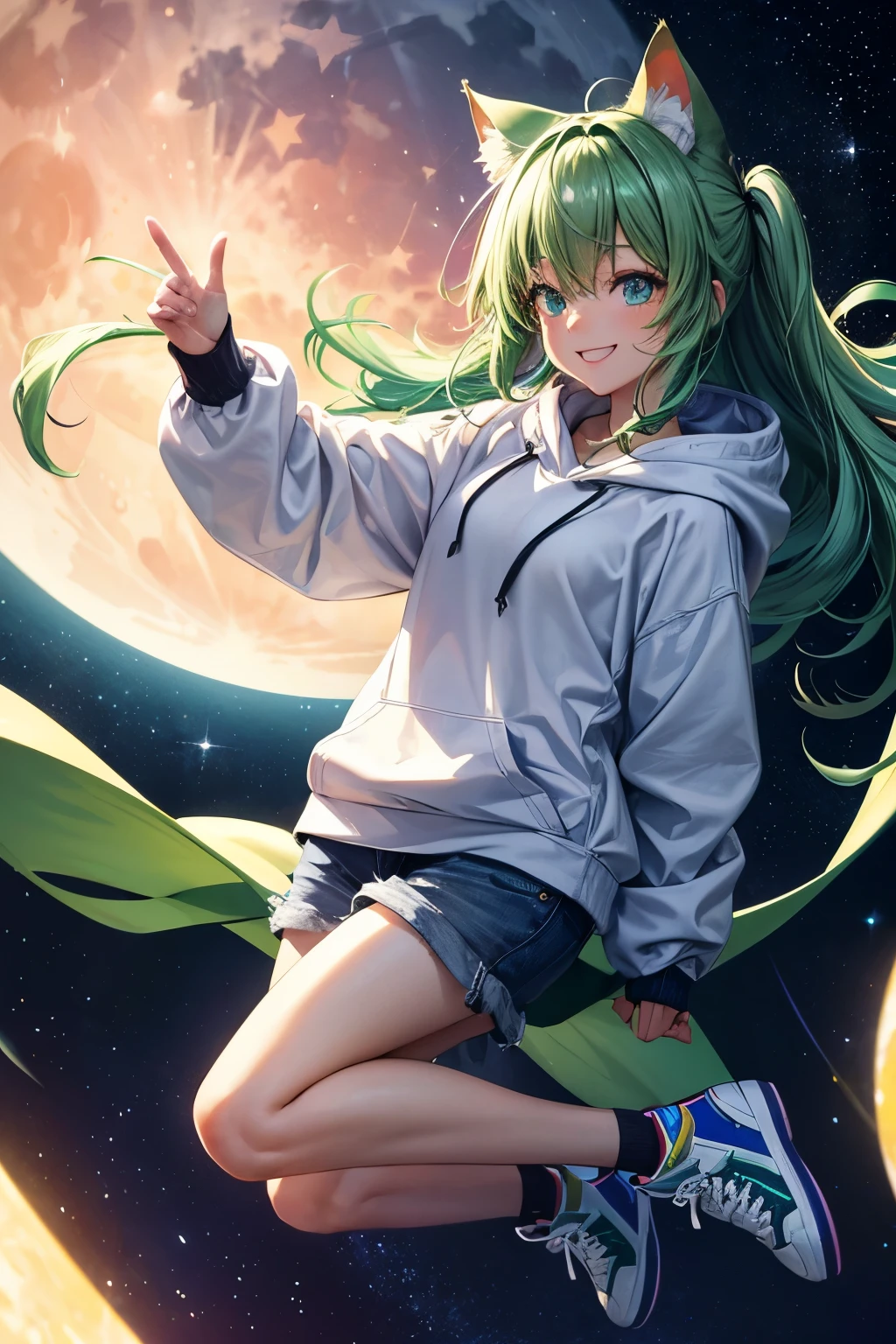 Best Quality, High Resolution, Perfect Human Structure, Focus On Background, JUMP, Cinematic Angle, Dutch Angle, Fisheye Lens, Glowing Hair, Cat Ear, Green Hair, Space, Moon, Night, Near Future, White Hoodie, Sneakers, Jeans, 30 Years, Starry Sky, Stars Above, Standing, Colored Hair, Smiling Joyfully, Star Shape Eyes , wavy hair