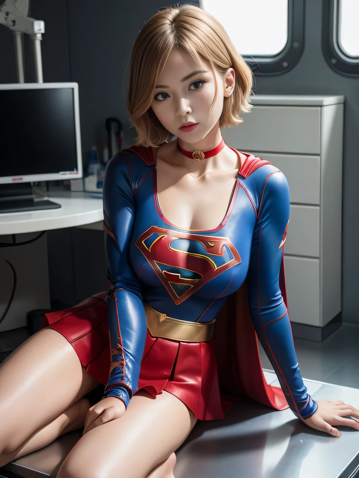 master piece,Supergirl costumes, short hair, barefoot, big and full breasts,operating room、operating table、straddle、corrupted、shiny、look at the camera、choker、long sleeve、red mini skirt