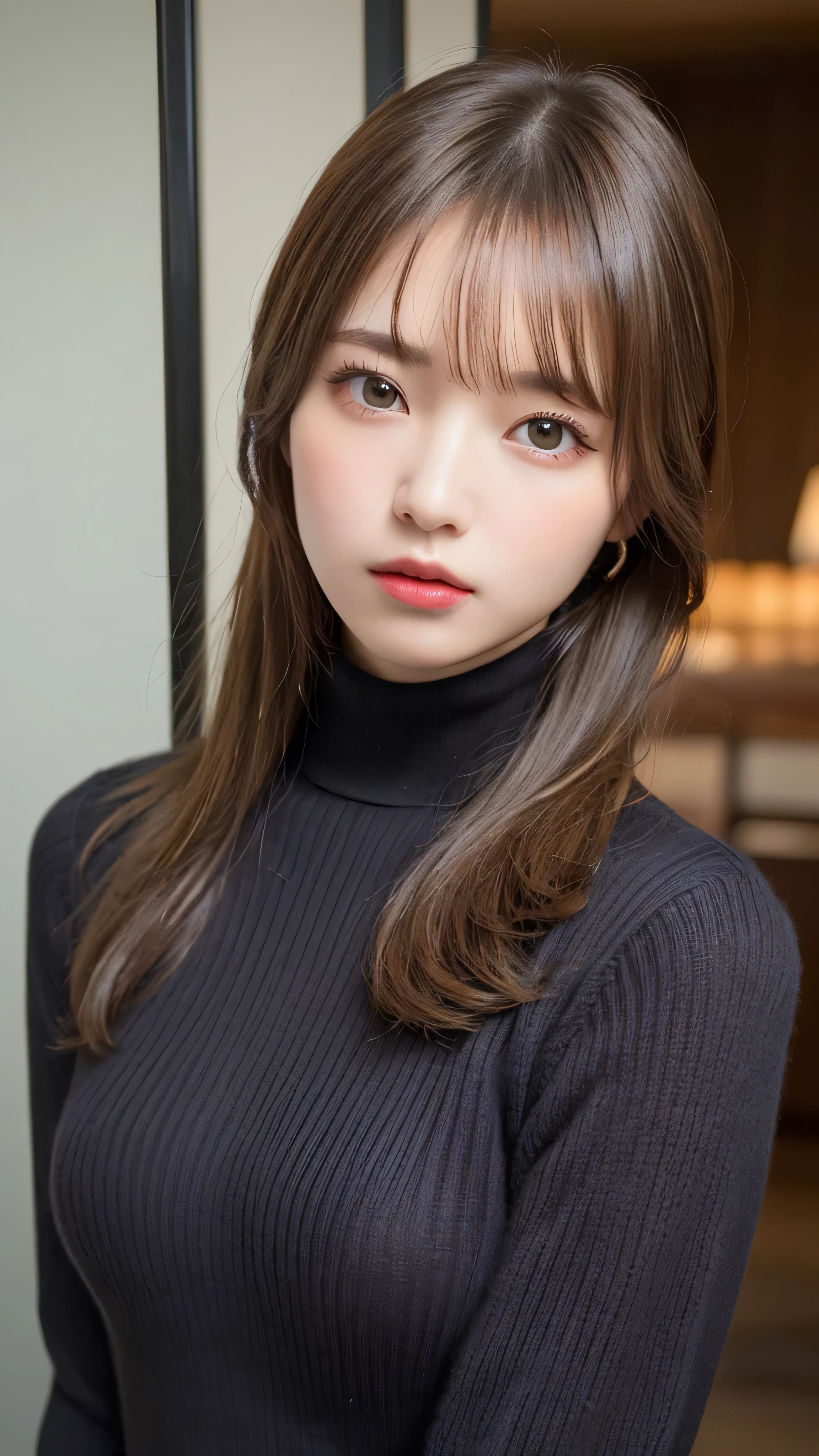 (masterpiece:1.5)、(realistic:1.5)、(highest quality:1.4、8K、RAW photo)、
ultra high resolution、professional lighting、perfect dynamic composition、Shot indoors、
film grain、chromatic aberration、(Bokeh:1.1)、
Frank、Sophisticated、charm、超realistic、high detail、golden ratio、
(1 girl)、slender girl、繊細でcharm女の子、cute woman:1.4、
serious expression、looking at the viewer、sculpture installation、
light brown hair、shining hair、Hair style is ponytail、
skin that looks real、
close your mouth、fine eyes、double eyelid、thin arms、small box、
(Wearing a black turtleneck sweater)
