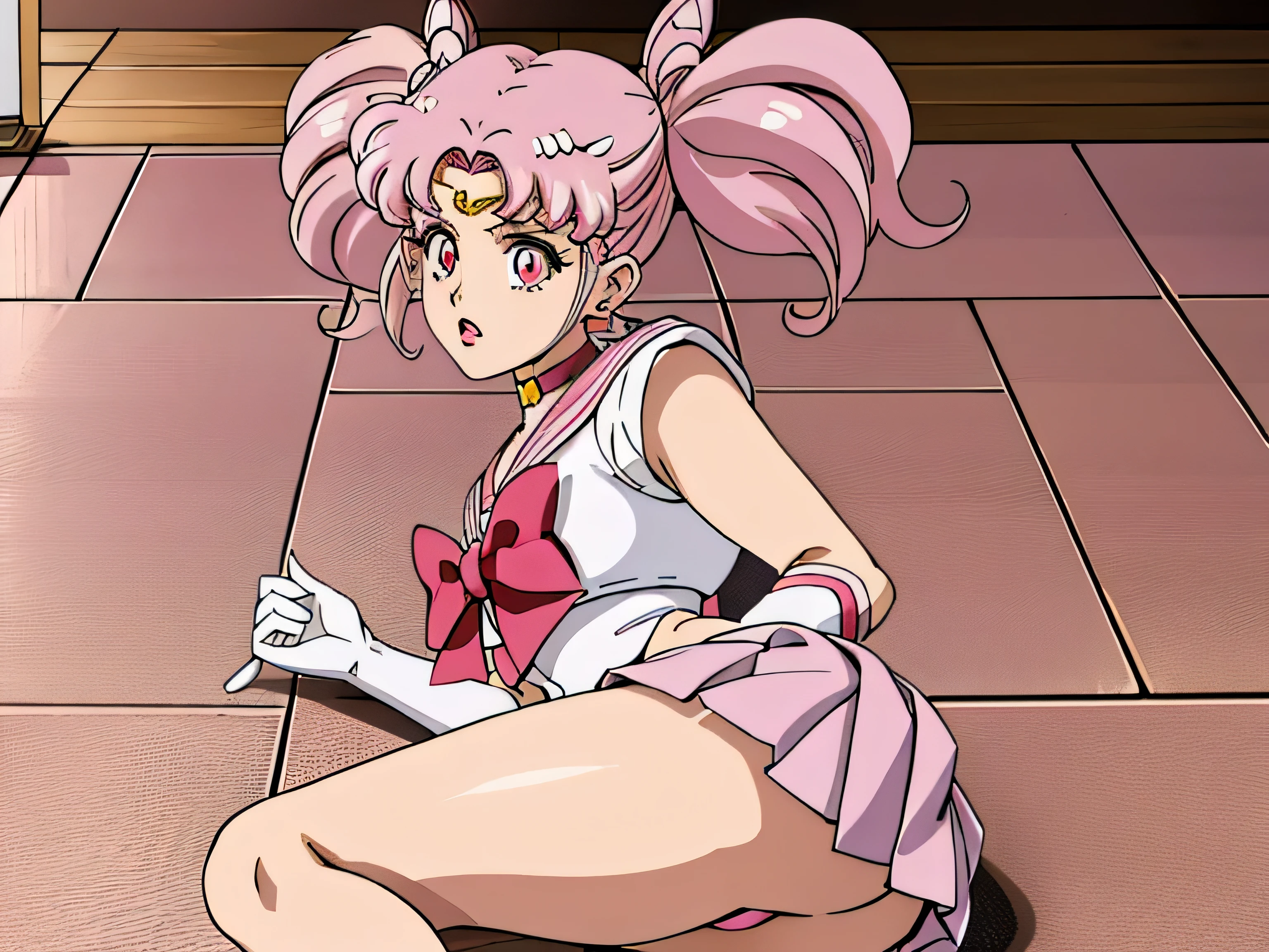 obra maestra de chibi usa, Mejor calidad, absurdos, perfect anatomy, 1 chica, Solo, SMMoon, 1990s \(Estilo\), sailor chibi moon cabello rosado, pupilas rosadas ojos, Uniforme Marinero Senshi, magical girl, ojos rosados, falda rosa, Guantes hasta el codo, tiara, falda plisada, Lazo para el cabello, cabello rosado, dos colas, Collar marinero rosa, mini falda, gargantilla, Arco rojo, Pink gargantilla, guantes blancos, joyas, aretesculo con micro tanga, muy sexy , buen culo. (Acostada de lado en el suelo) culo arriba