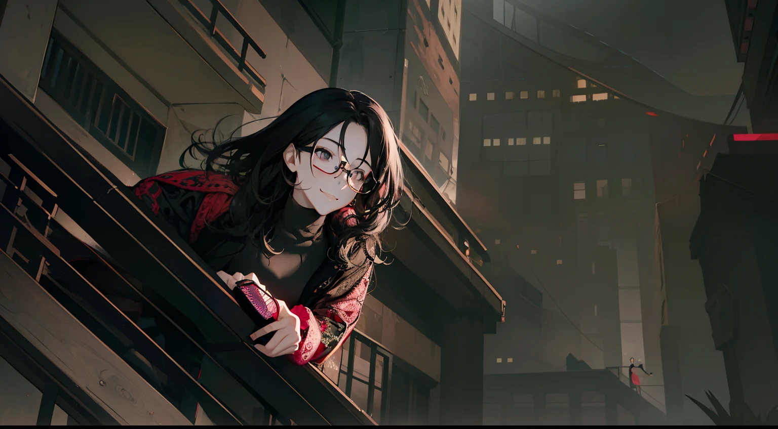 1 female, aldult, Handsome, girl with glasses, Clear glasses, smiling, Slim figure, black eyes, black curly hair, Red sweater, Pink turtleneck, looking down below, Holding on to the railing, blurred background, Building perimeter, hair edge light