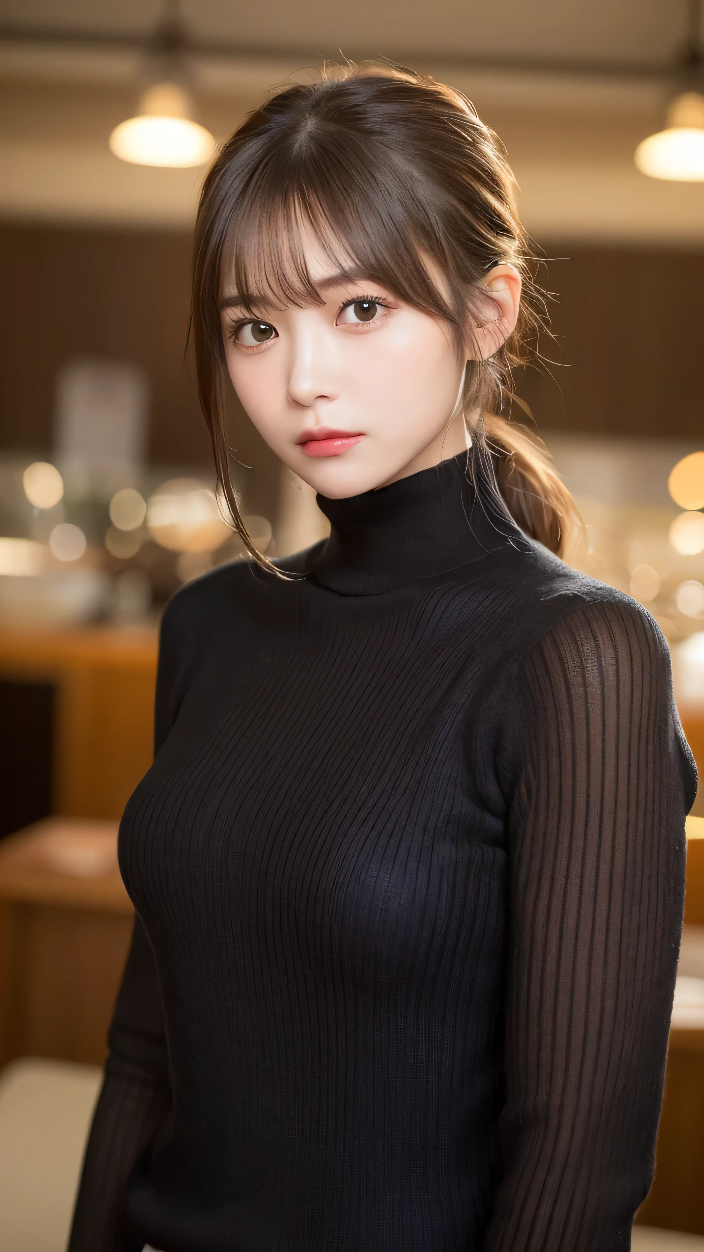 (masterpiece:1.5)、(realistic:1.5)、(highest quality:1.4、8K、RAW photo）、
ultra high resolution、professional lighting、perfect dynamic composition、Shot indoors、
film grain、chromatic aberration、(Bokeh:1.1)、
Frank、Sophisticated、charm、超realistic、high detail、golden ratio、
(1 girl)、slender girl、繊細でcharm女の子、cute woman:1.4、
serious expression、looking at the viewer、sculpture installation、
light brown hair、shining hair、Hair style is ponytail、
skin that looks real、
close your mouth、fine eyes、double eyelid、thin arms、small box、
(Wearing a black turtleneck sweater)